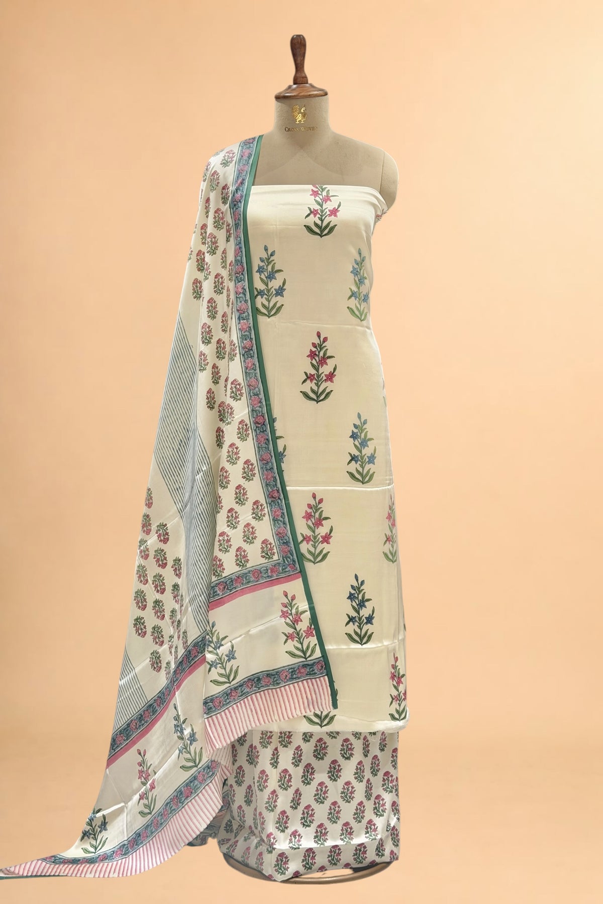 White Printed Pure Muslin Silk Unstitched Suit Set 