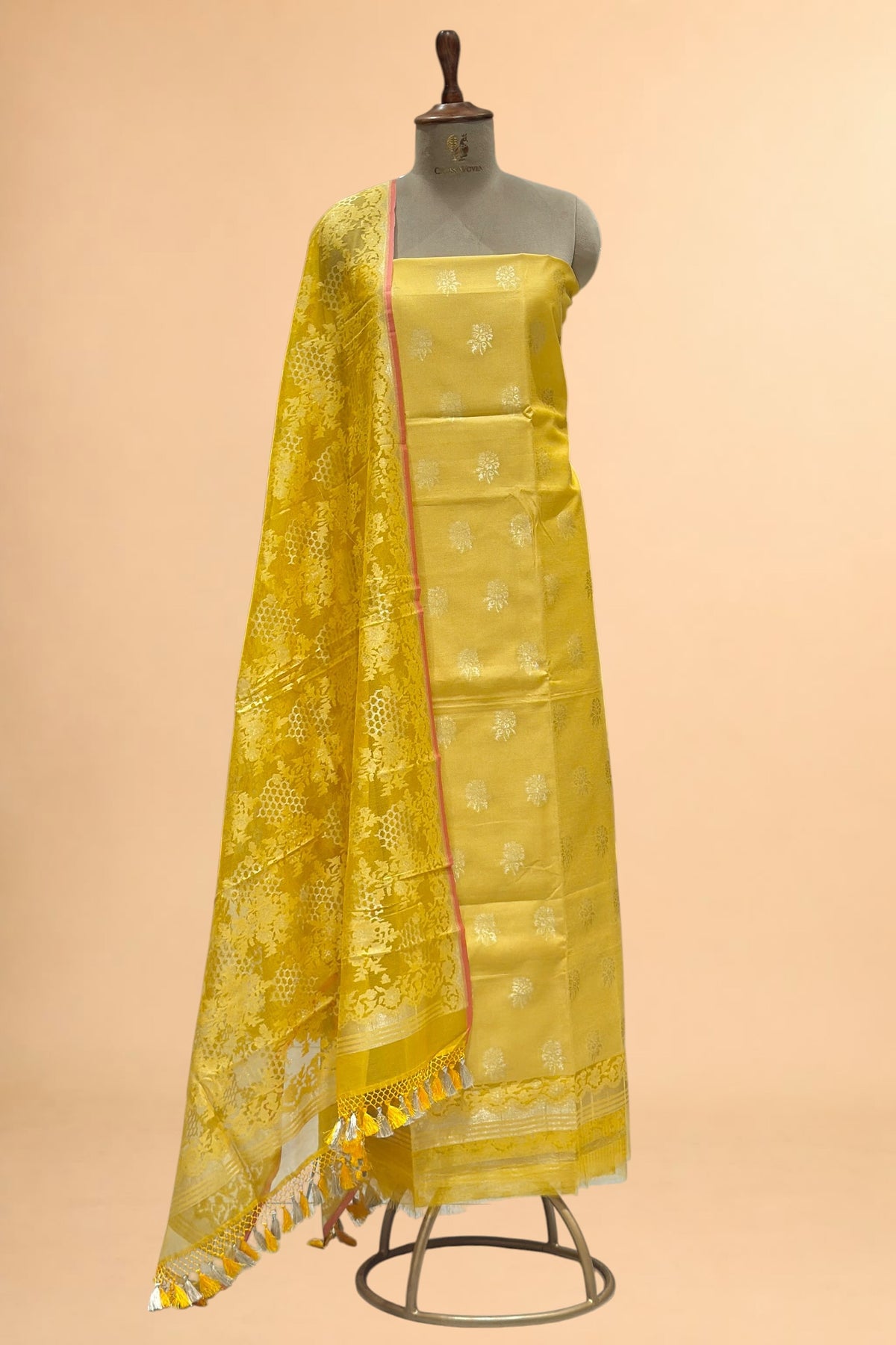 Yellow Banarasi Pure Fine Raw Silk Suit Set with Kora Net Dupatta