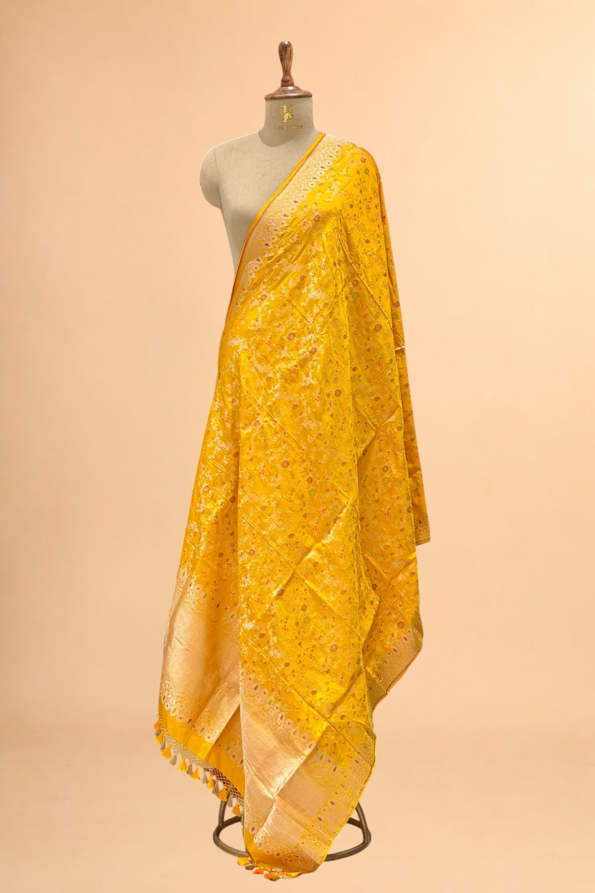 Yellow Pure Katan Silk Dupatta with Allover Floral Meenakari Jaal