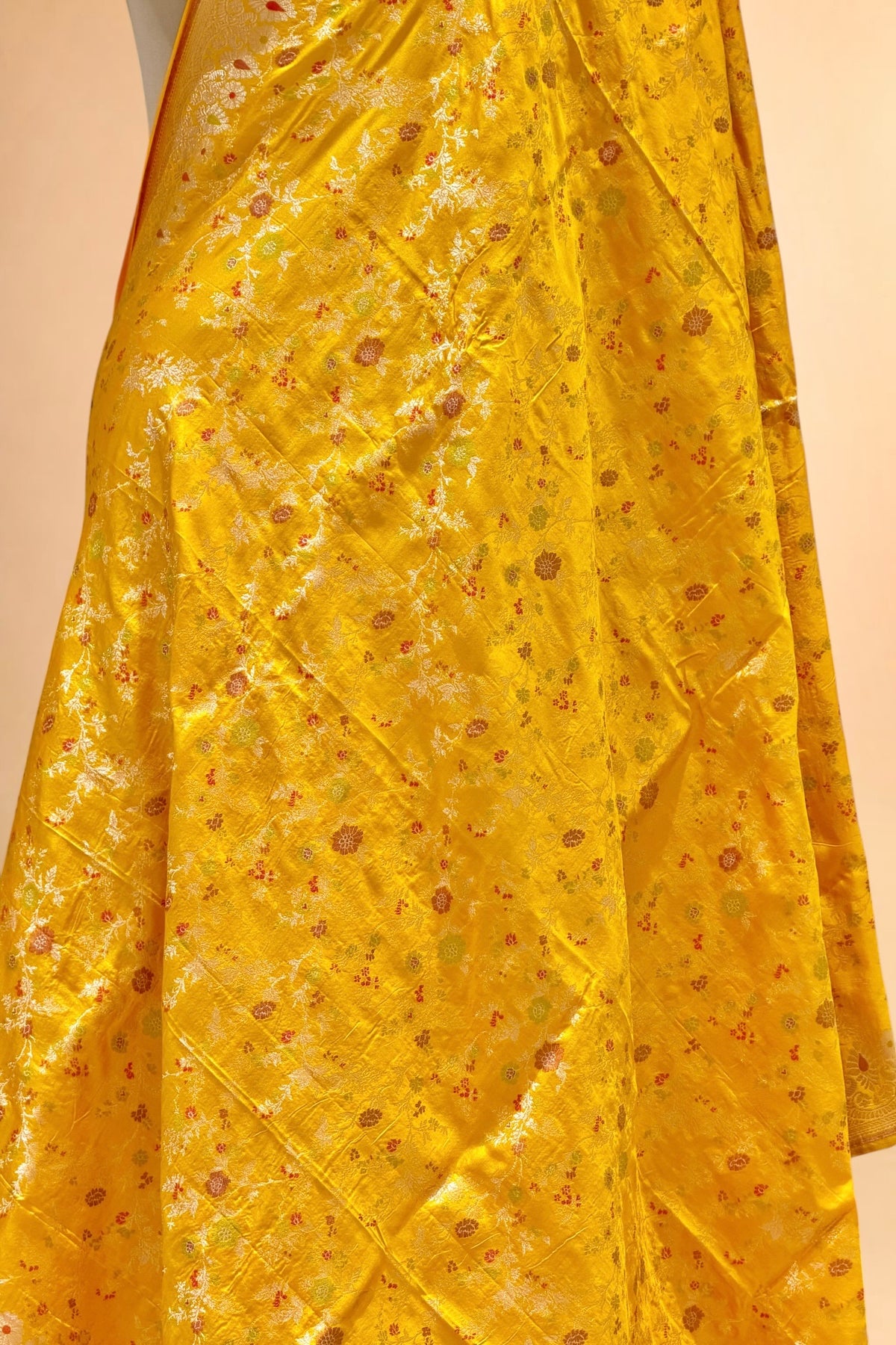 Yellow Pure Katan Silk Dupatta with Allover Floral Meenakari Jaal