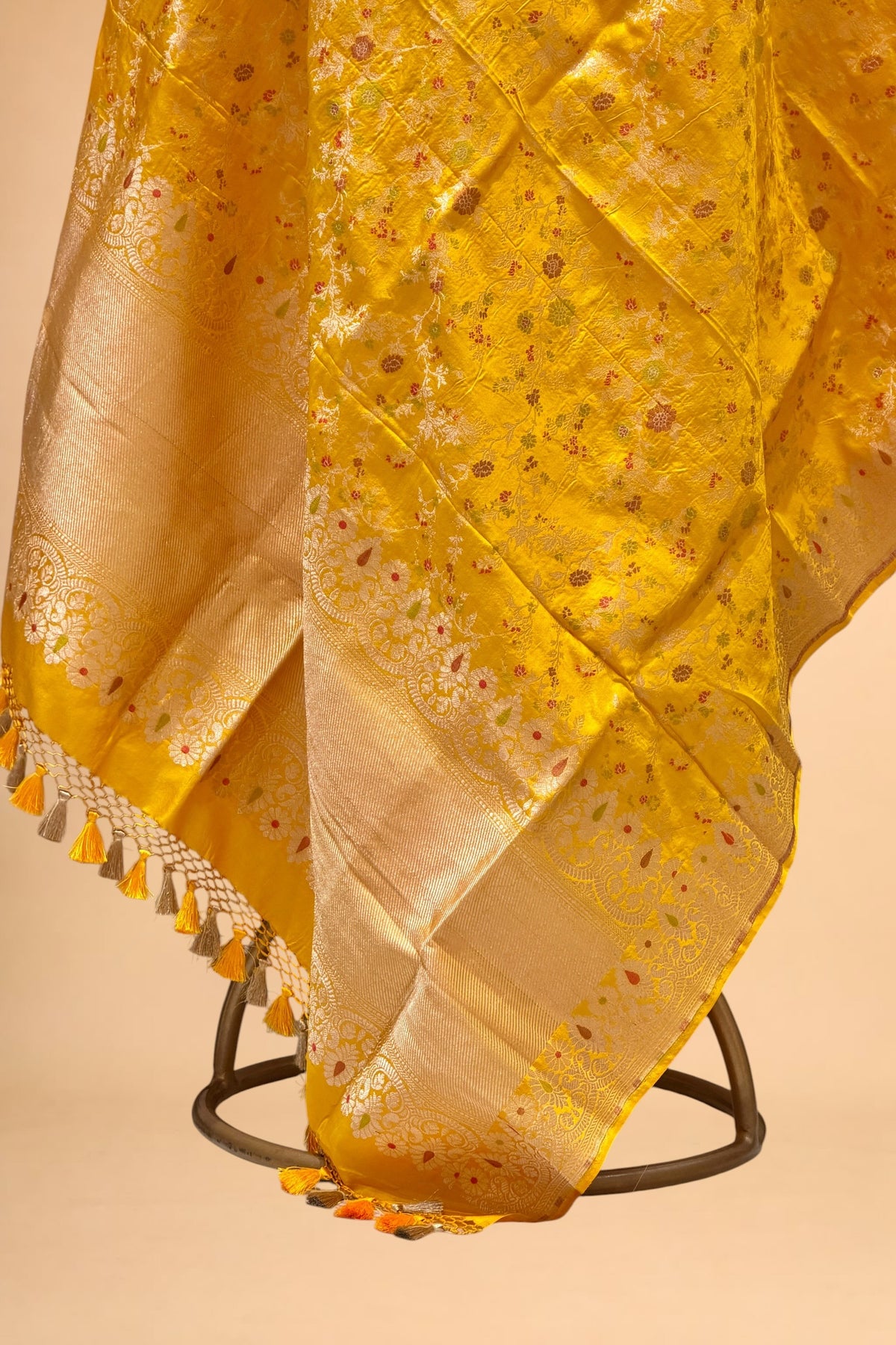 Yellow Pure Katan Silk Dupatta with Allover Floral Meenakari Jaal