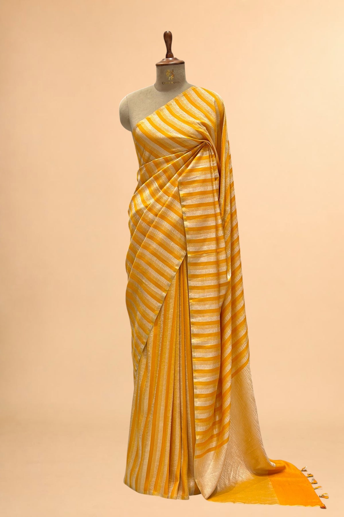 Yellow Pure Munga Silk Saree with Tissue Stripes
