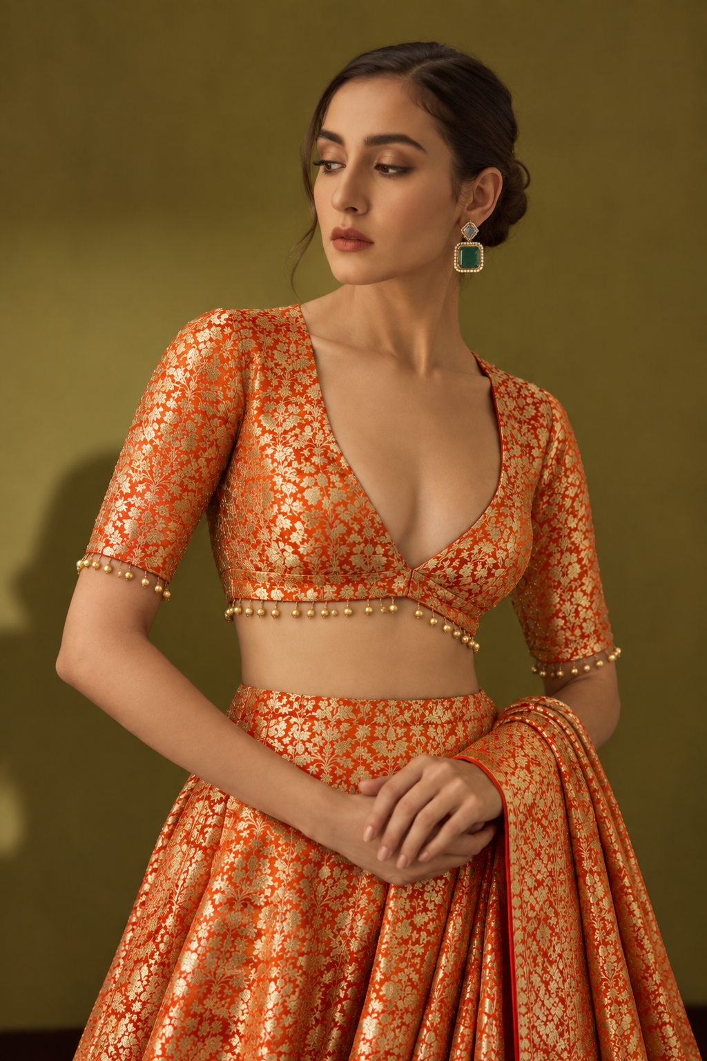 Royal Orange Pure Katan Silk Allover Jaal Fabric