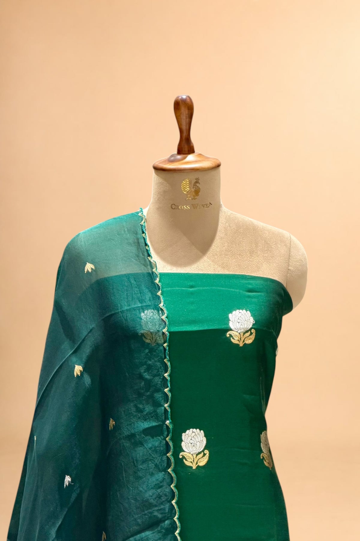 Deep Green Chiniya Silk Suit Set With Hand Work Organza Dupatta