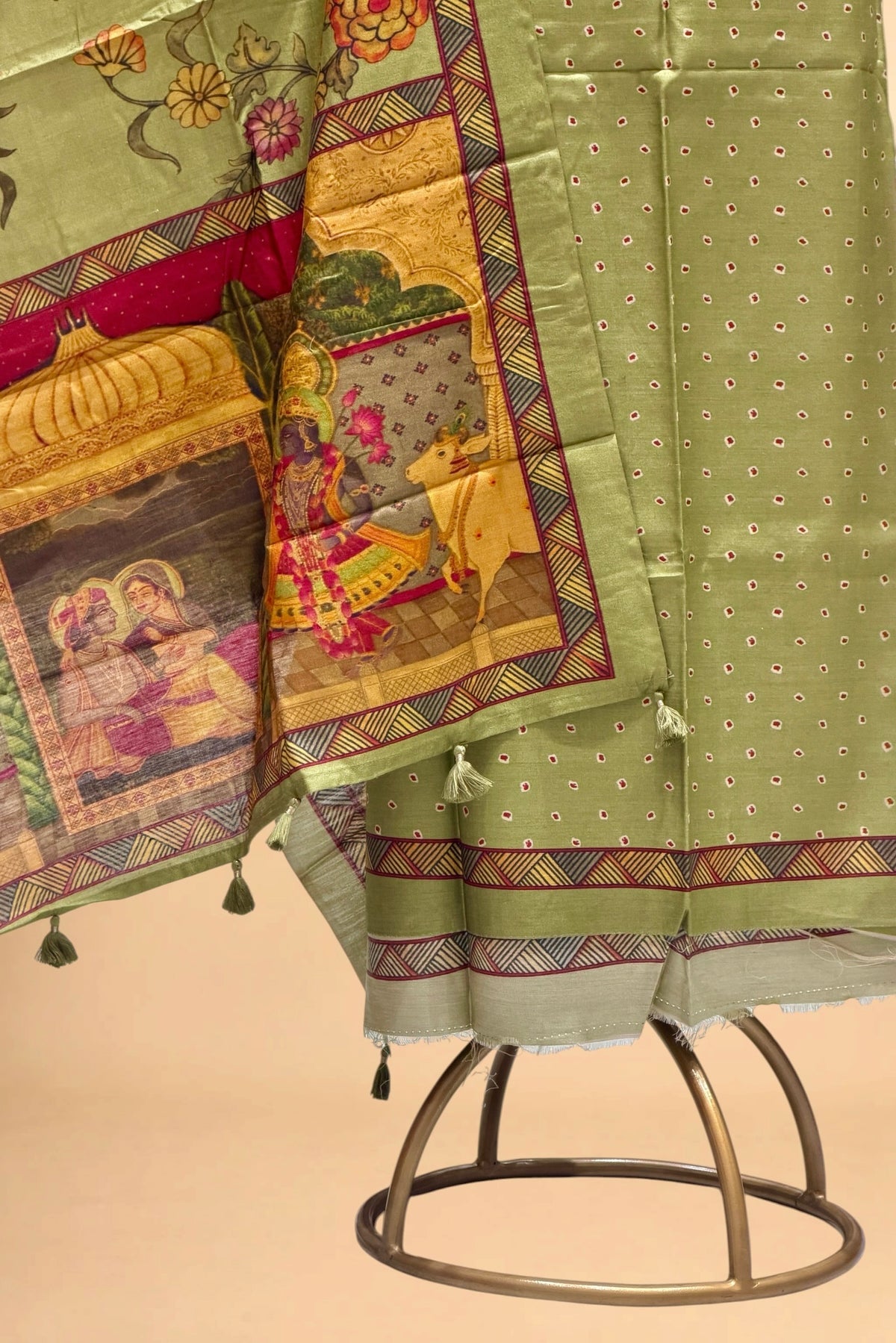 Dusty Green Printed Pure Banarasi Munga Silk Suit Set