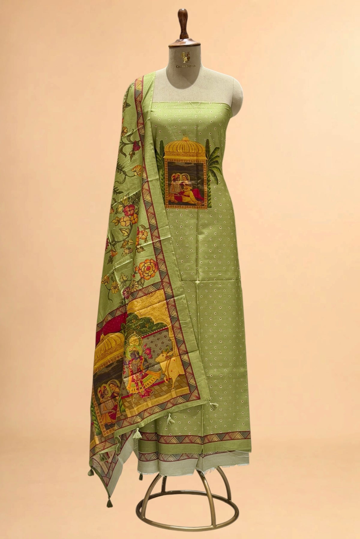 Dusty Green Printed Pure Banarasi Munga Silk Suit Set
