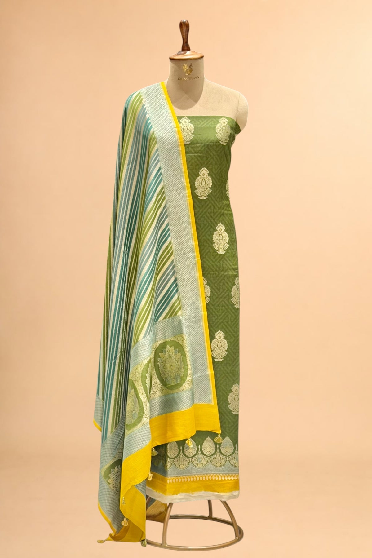 Dusty Green Pure Banarasi Munga Silk Suit Set With Rangkat Leheriya Dupatta