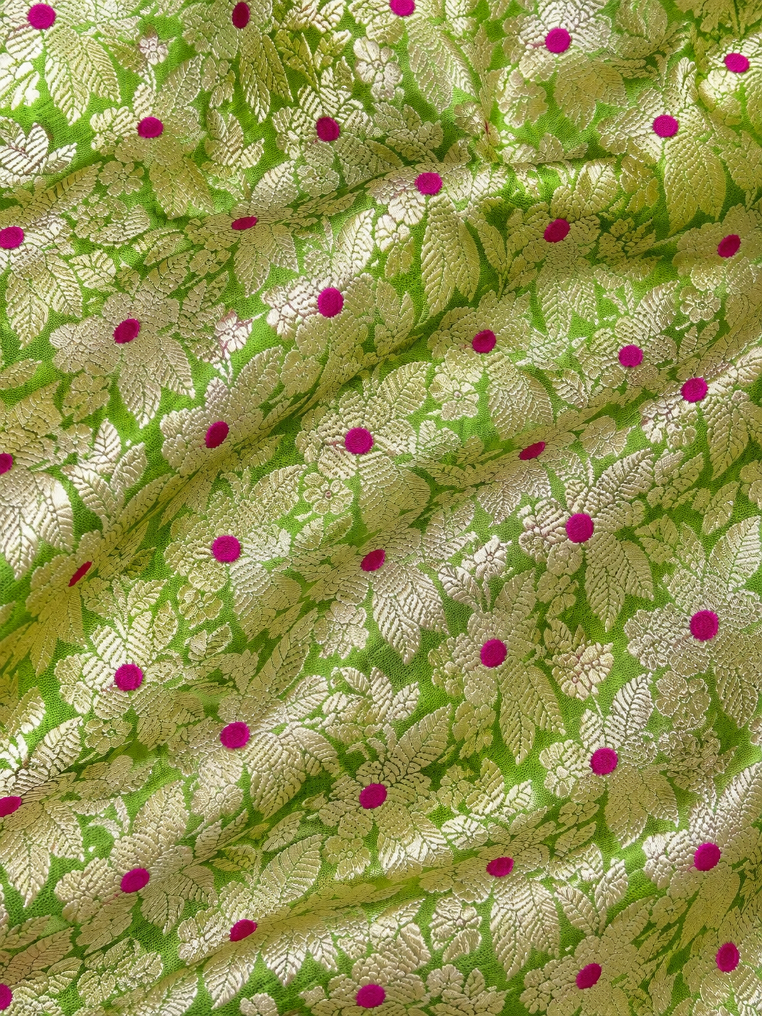 Green Meenakari Pure Katan Silk Allover Floral Jaal Fabric