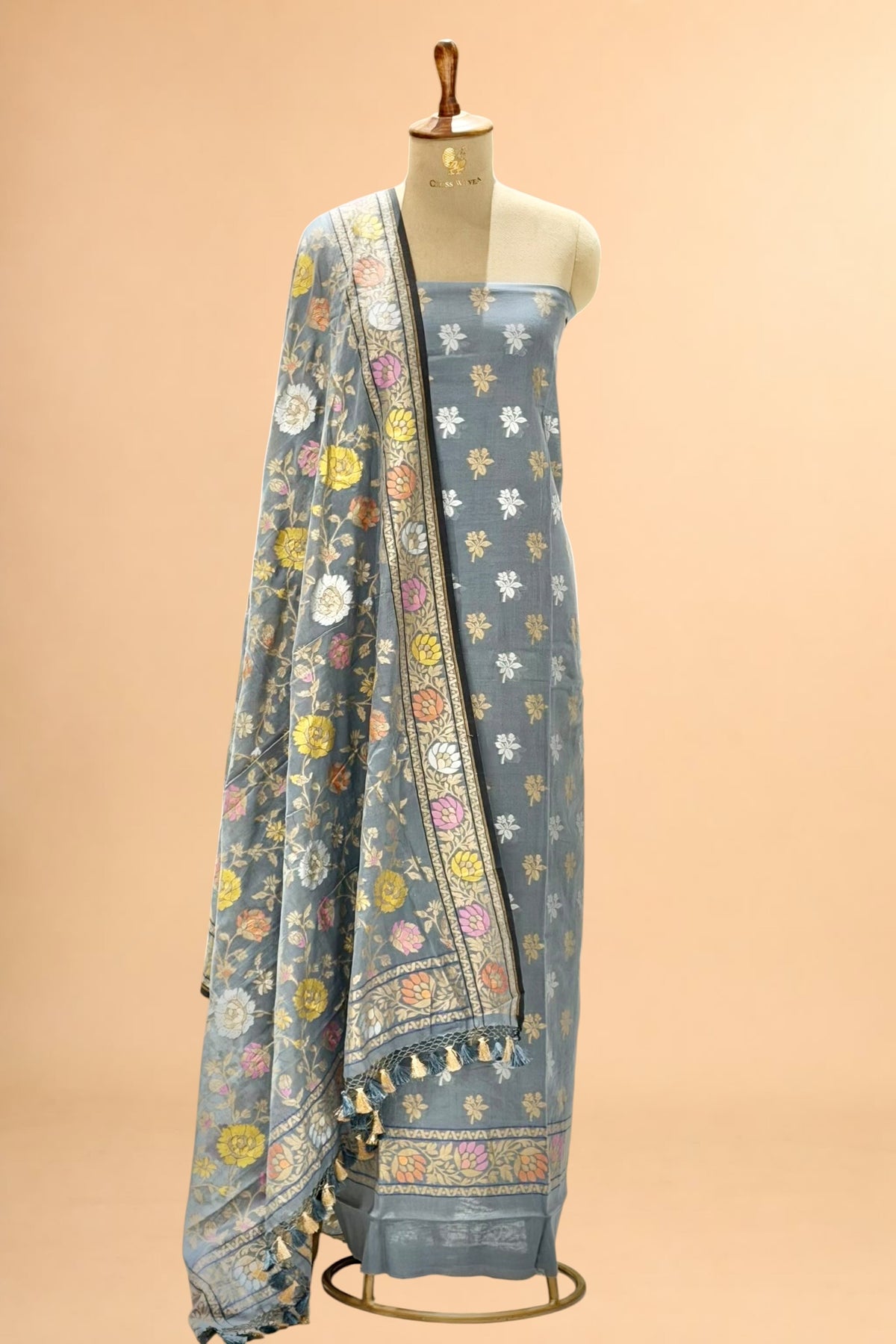 Grey Pure Cotton Iktara Jamdani Suit Set