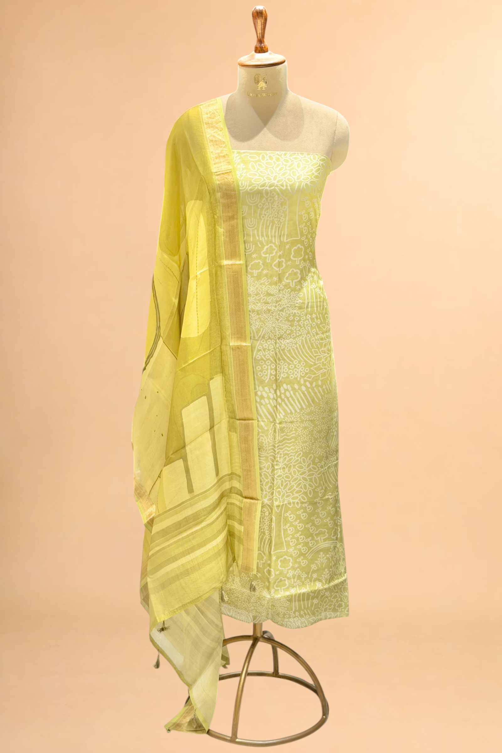 Pastel Lime Chanderi Block Print Suit Set with Printed Dupatta