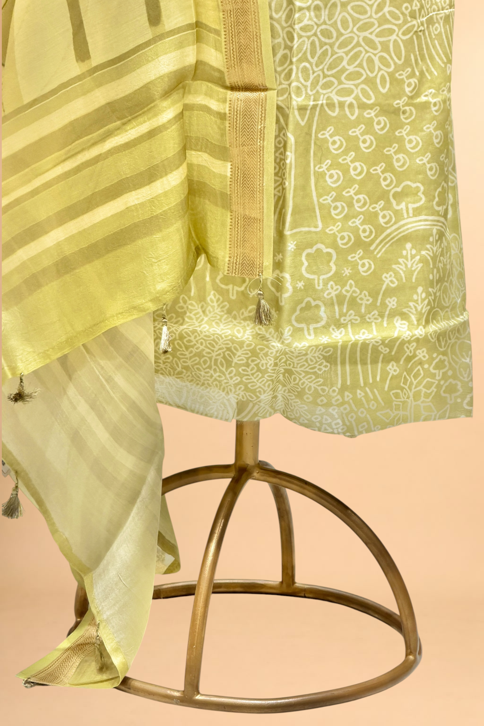 Pastel Lime Chanderi Block Print Suit Set with Printed Dupatta