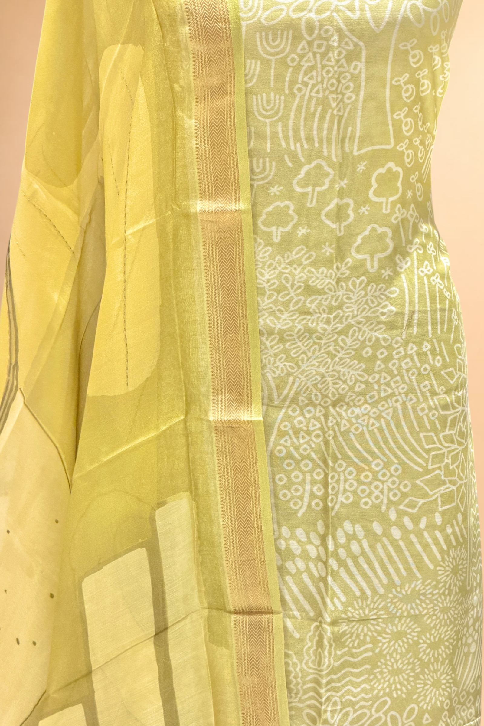 Pastel Lime Chanderi Block Print Suit Set with Printed Dupatta