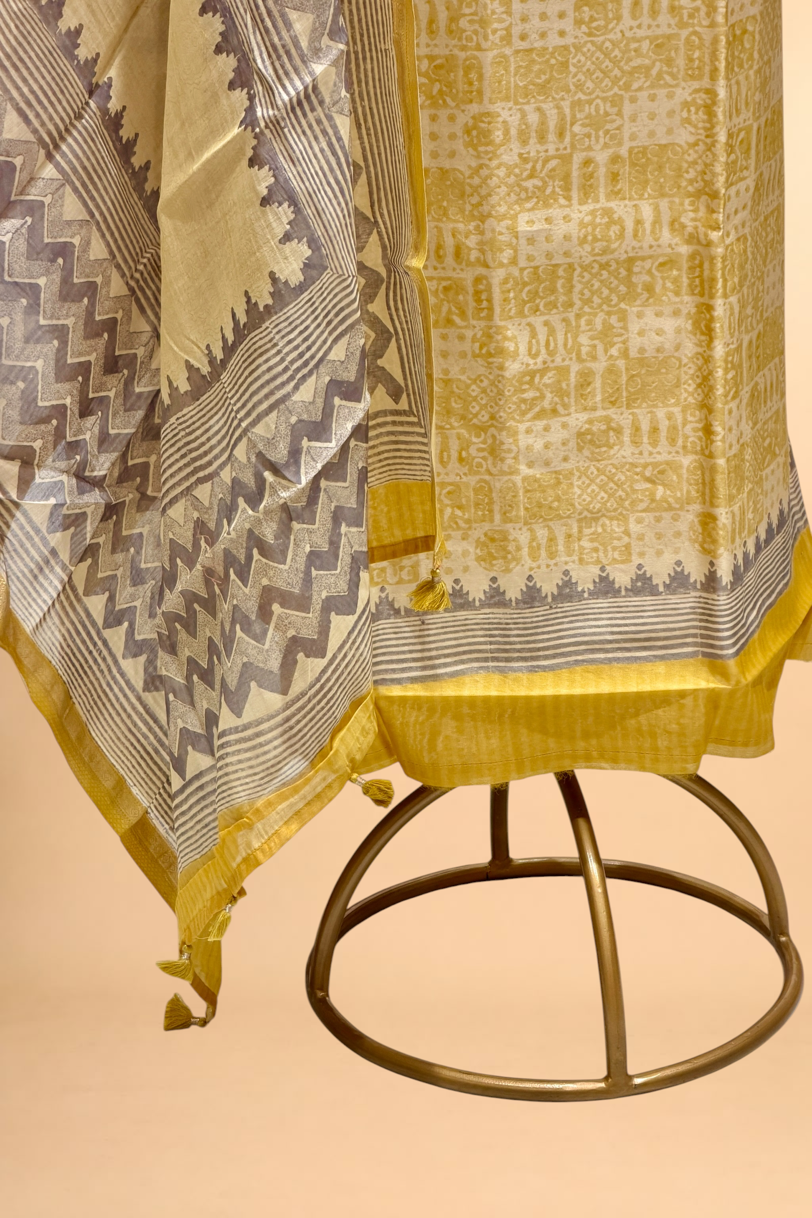 Pastel Yellow Block Printed Chanderi Suit Set with Printed Dupatta