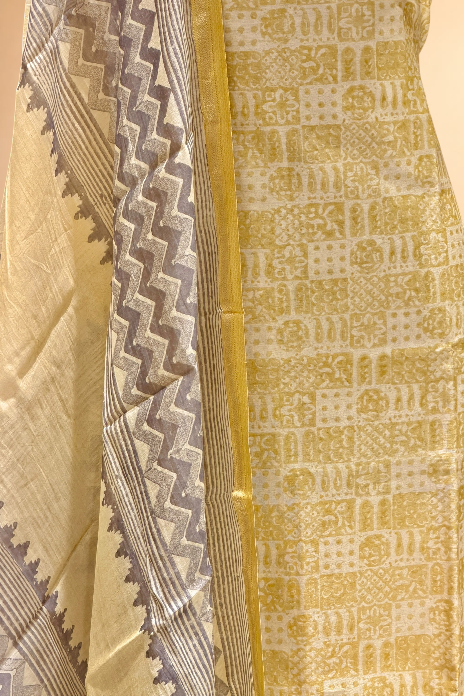 Pastel Yellow Block Printed Chanderi Suit Set with Printed Dupatta