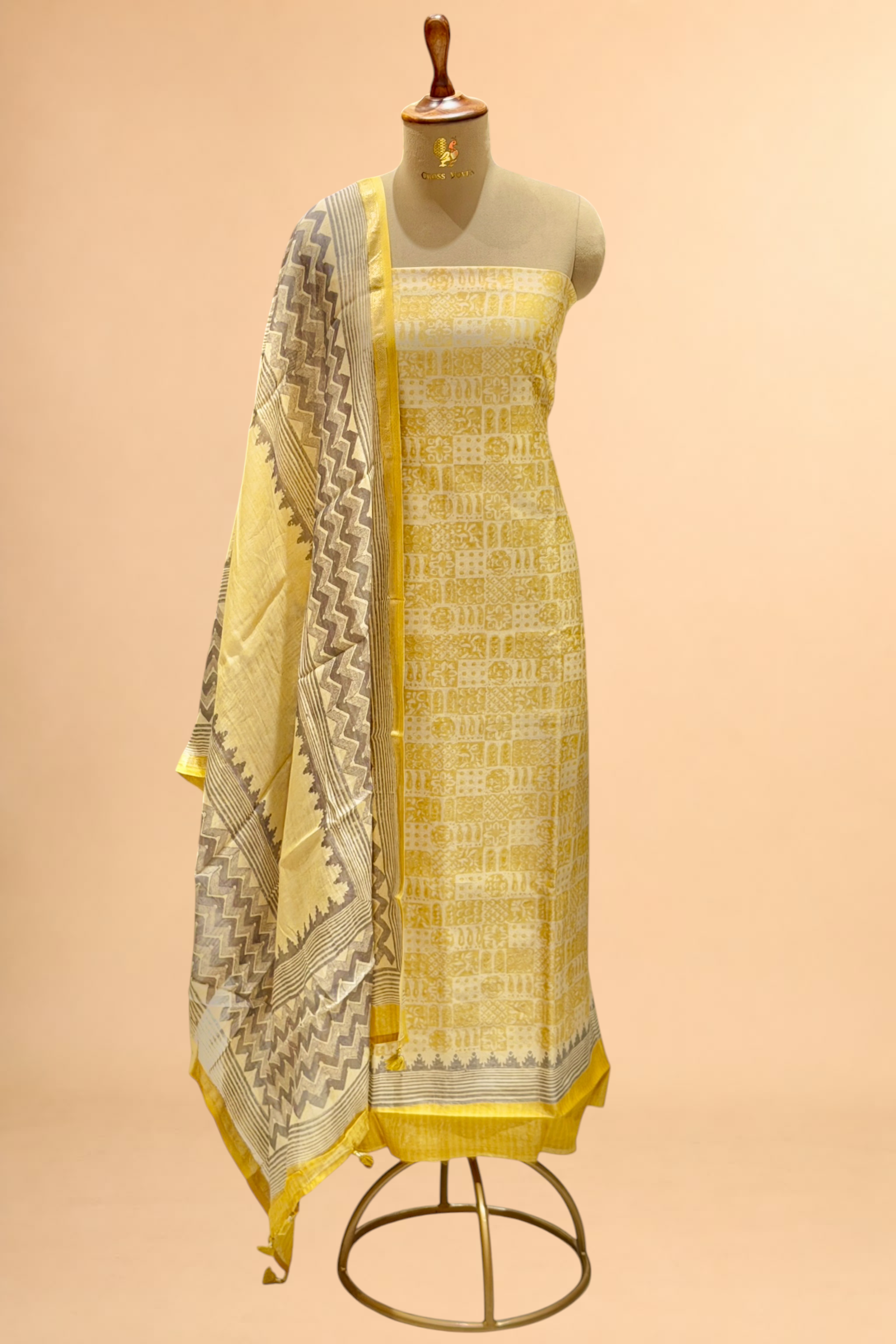 Pastel Yellow Block Printed Chanderi Suit Set with Printed Dupatta