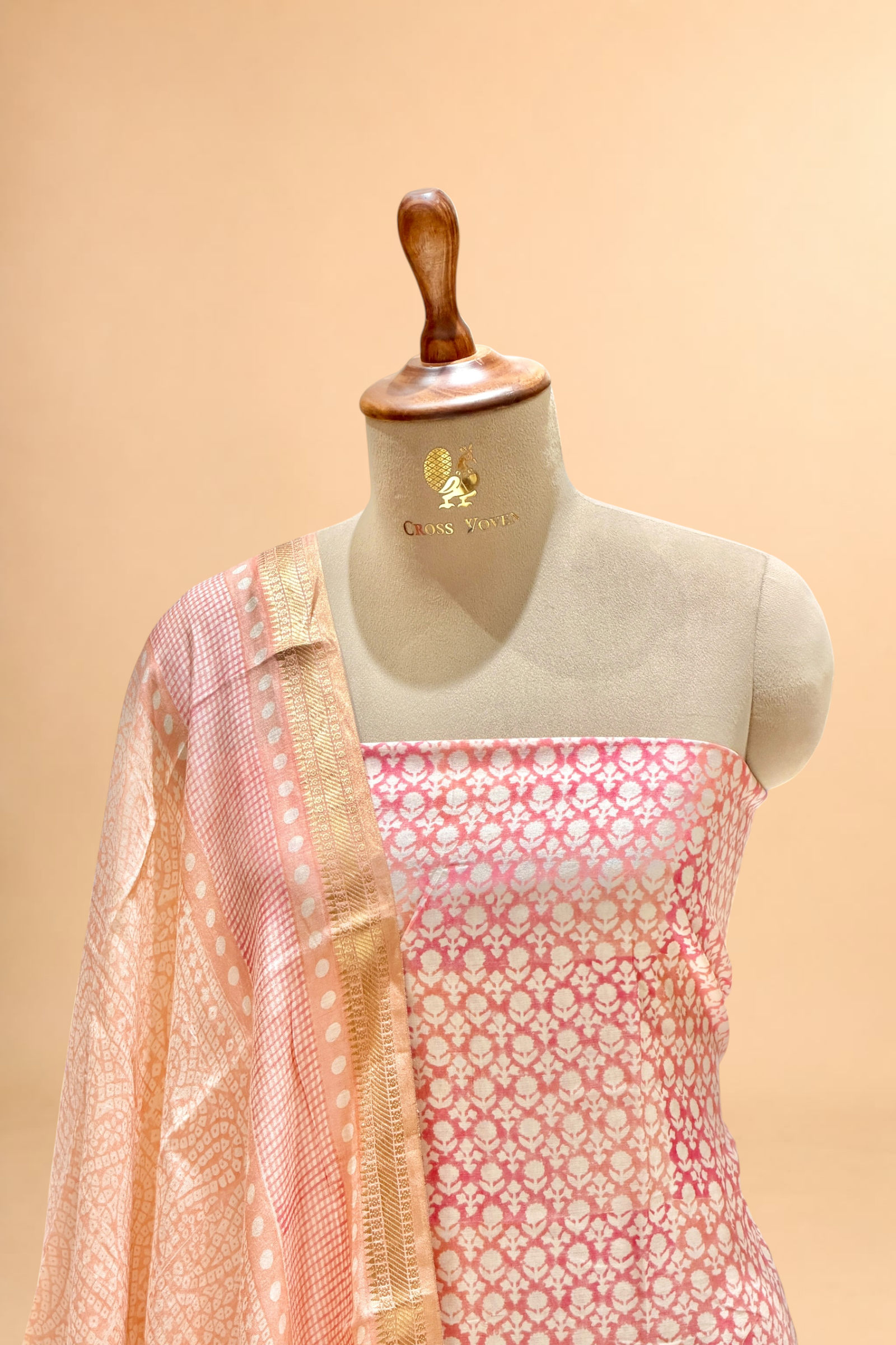 Blush Pink Block Printed Chanderi Suit Set with Bandhani Style Printed Dupatta