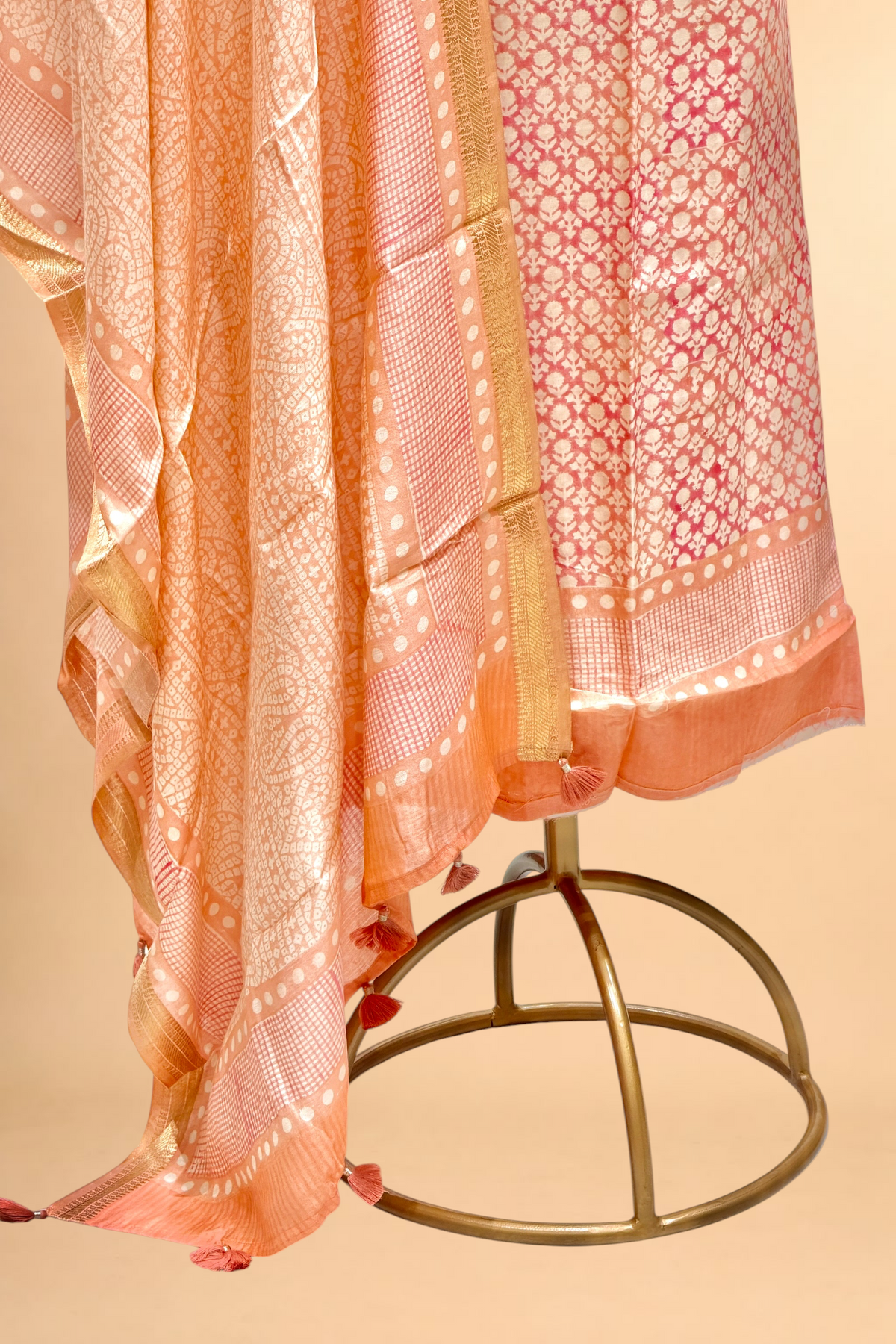 Blush Pink Block Printed Chanderi Suit Set with Bandhani Style Printed Dupatta