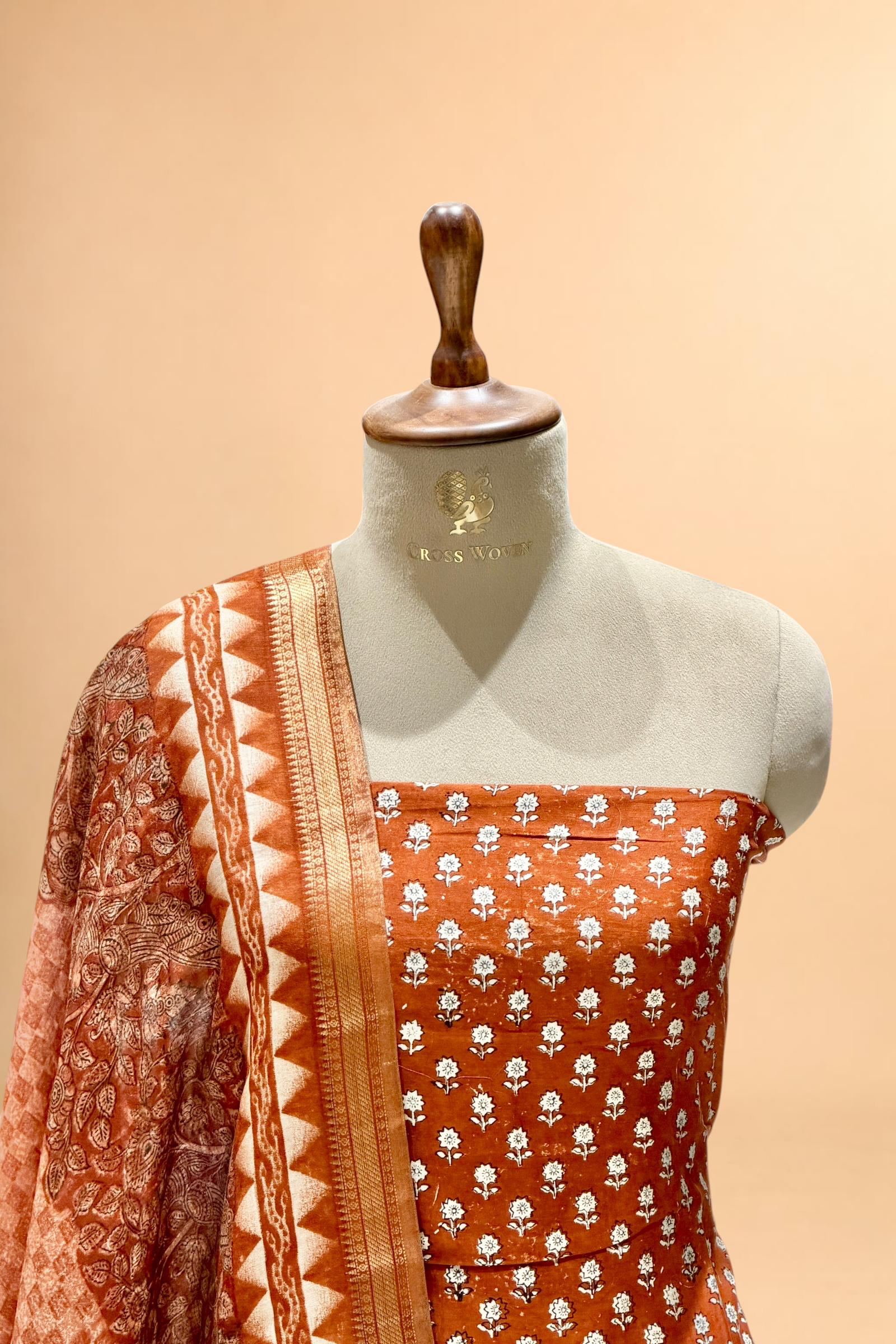 Rust Orange Block Printed Chanderi Suit Set with Printed Dupatta