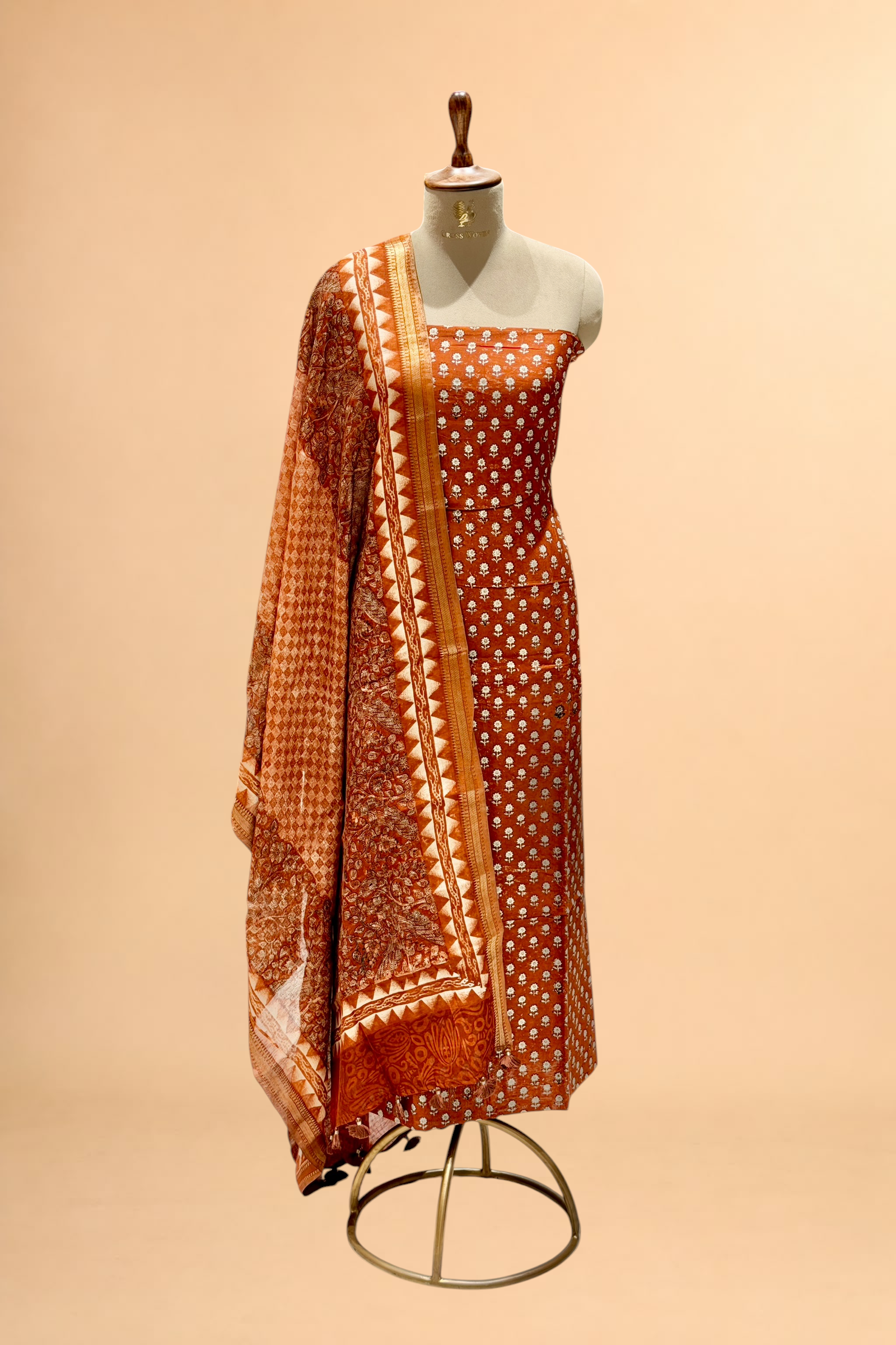 Rust Orange Block Printed Chanderi Suit Set with Printed Dupatta