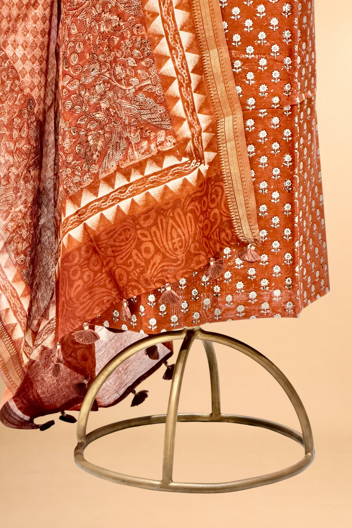 Rust Orange Block Printed Chanderi Suit Set with Printed Dupatta