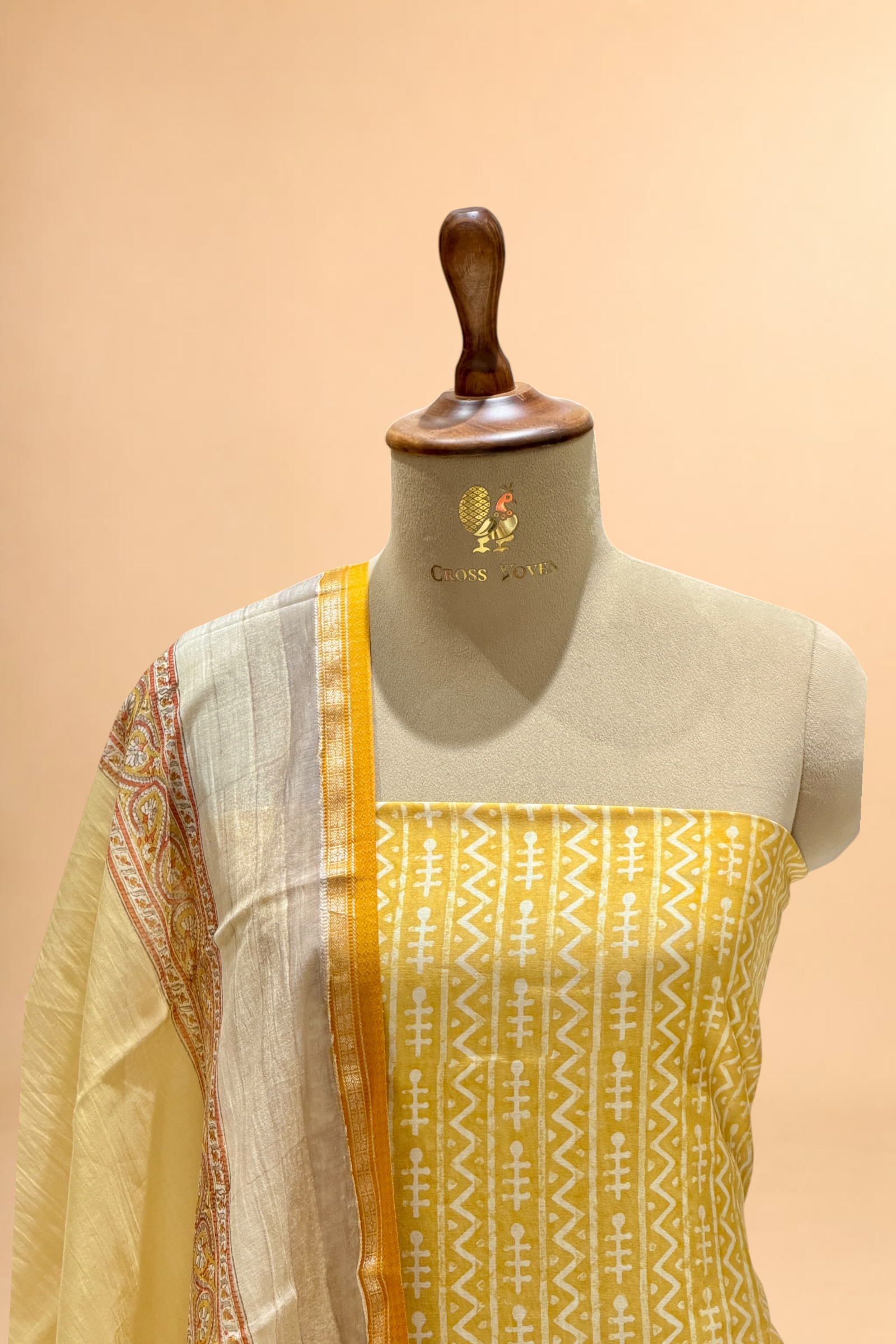 Mustard Yellow Block Printed Chanderi Suit Set with Floral Border Dupatta