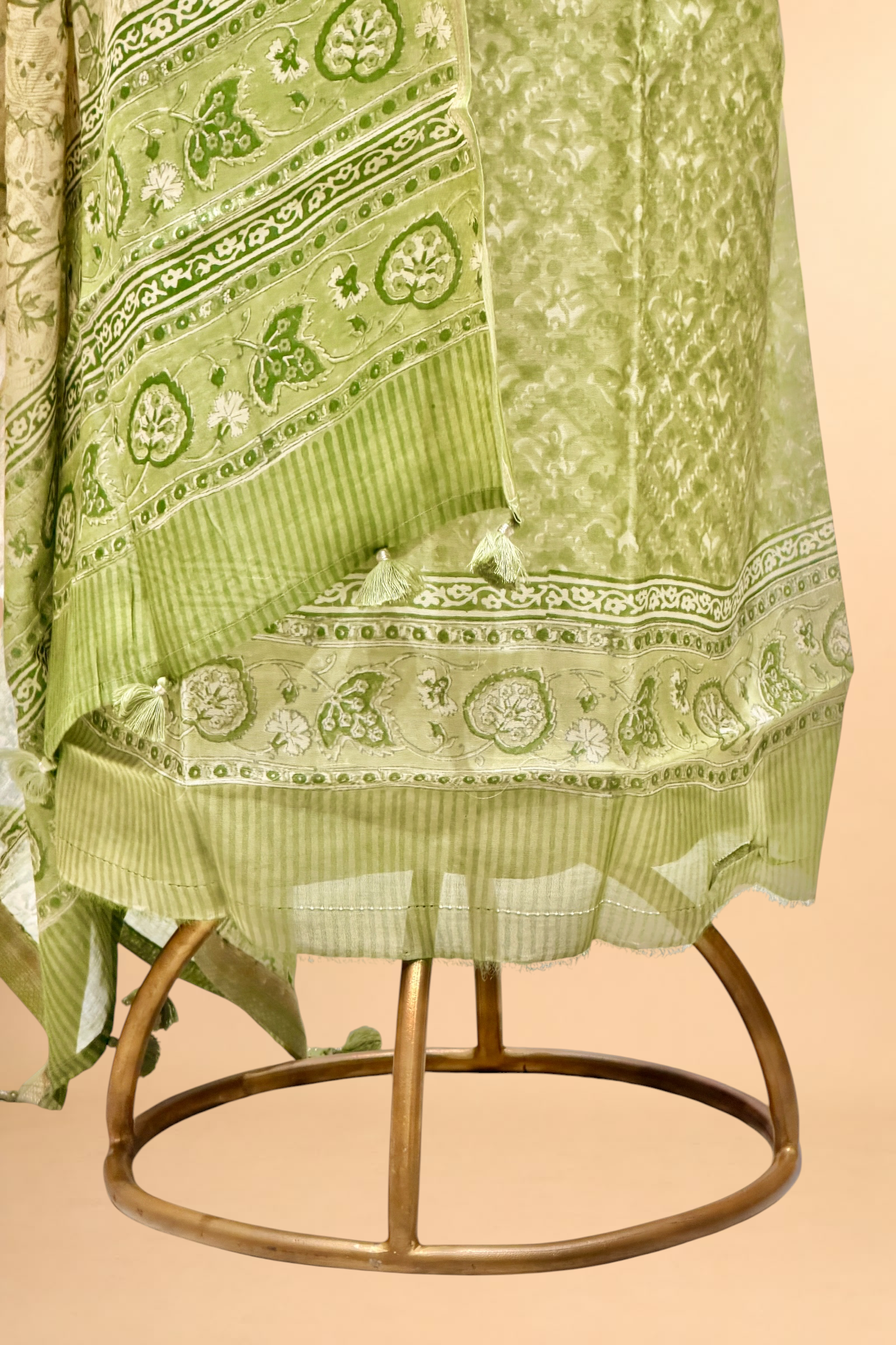 Green Block Printed Chanderi Suit Set with Floral Dupatta