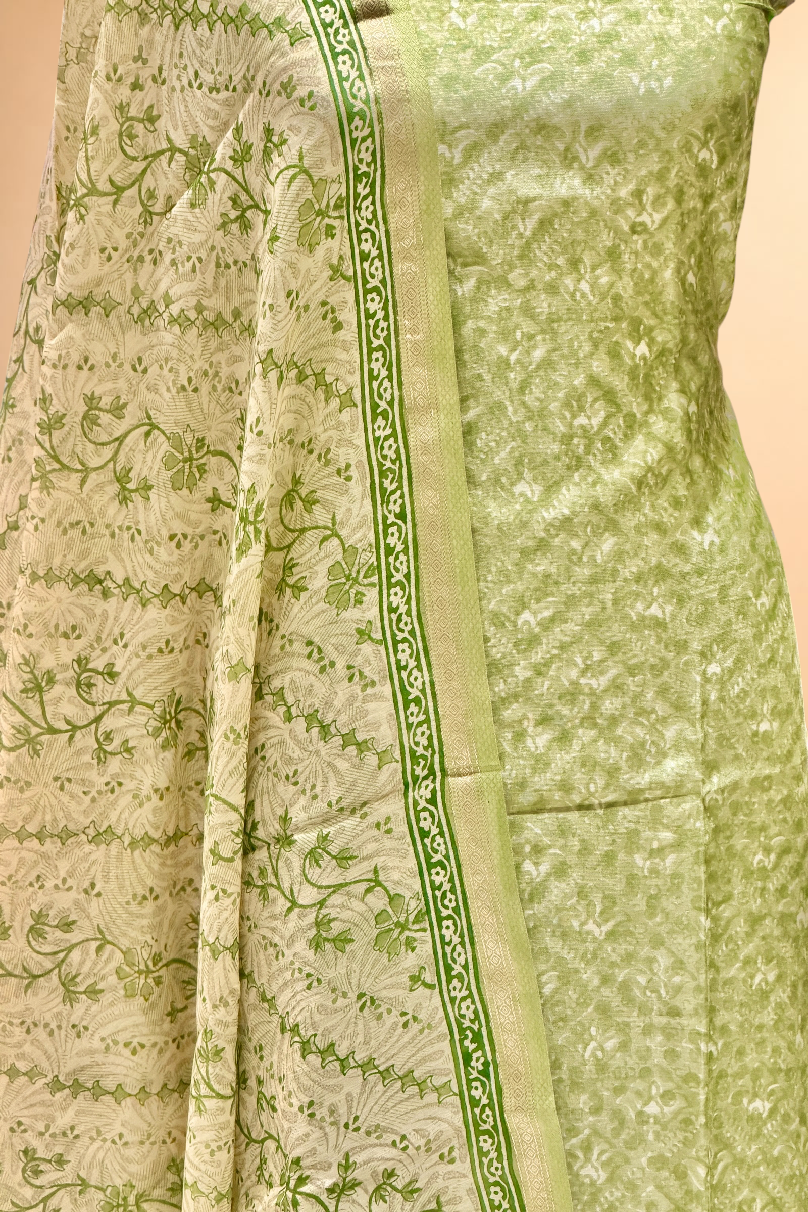 Green Block Printed Chanderi Suit Set with Floral Dupatta