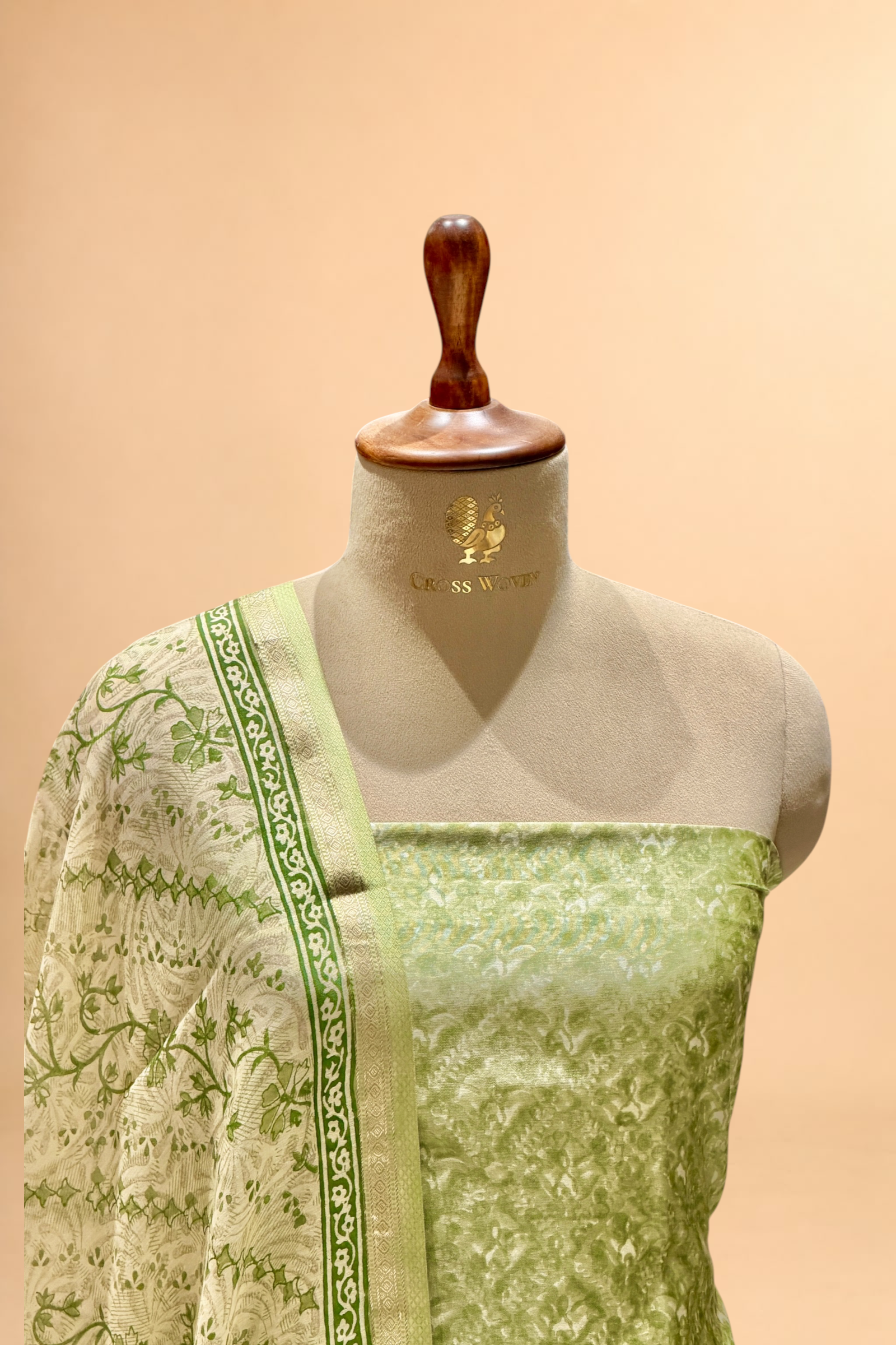 Green Block Printed Chanderi Suit Set with Floral Dupatta