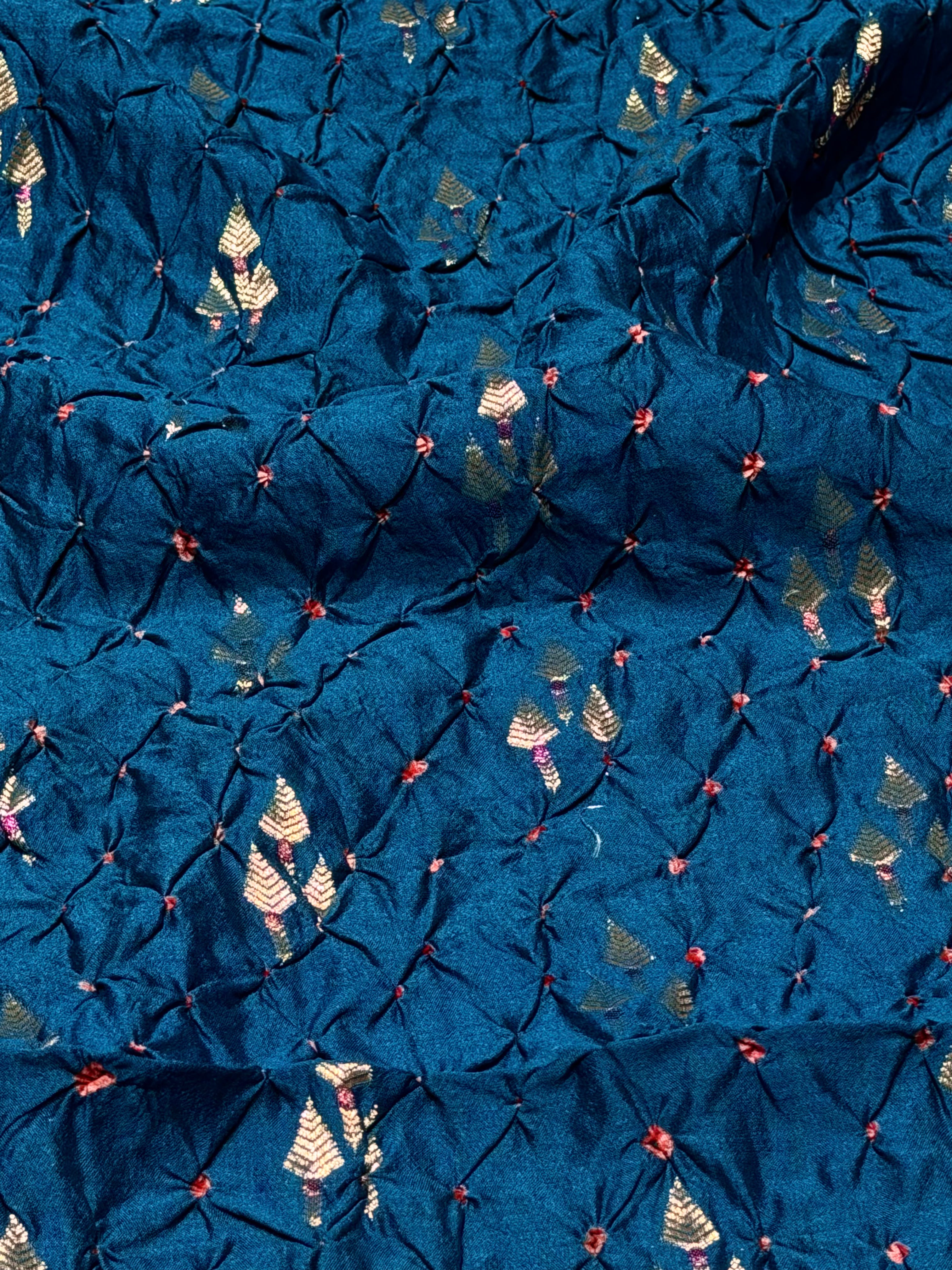 Teal Blue Chiniya Silk Fabric With Bandhani