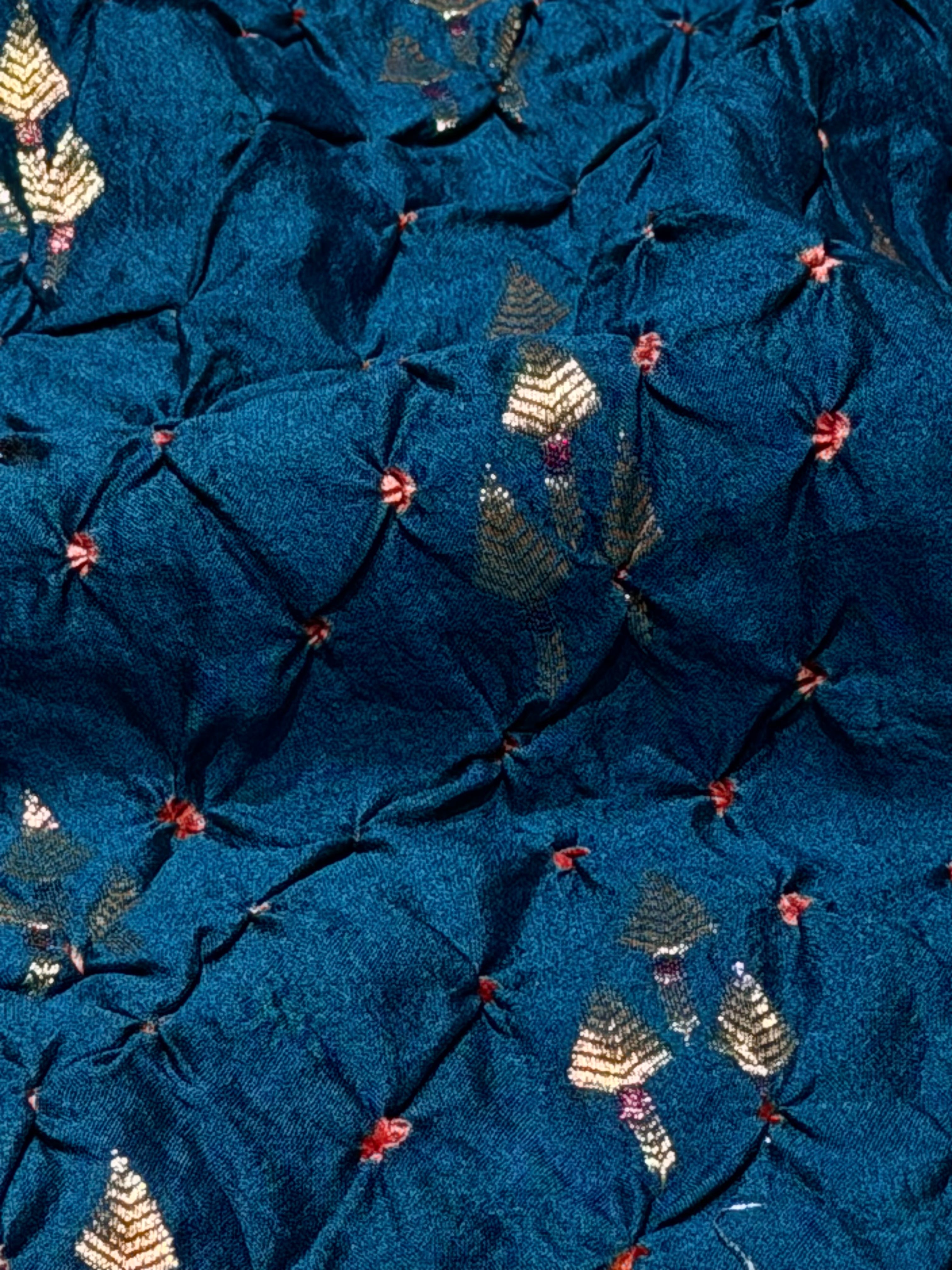 Teal Blue Chiniya Silk Fabric With Bandhani