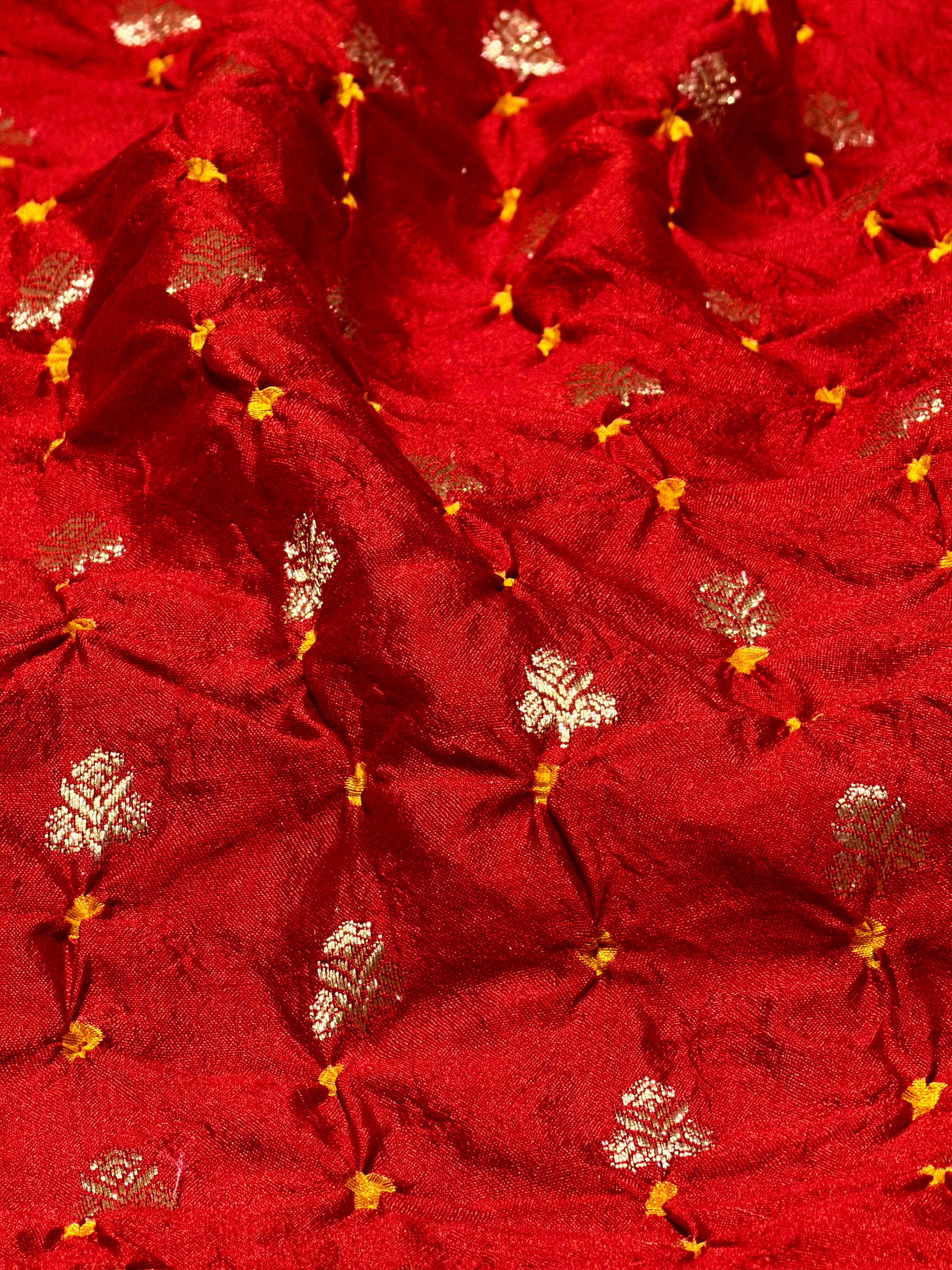 Deep Red Chiniya Silk Fabric With Bandhani