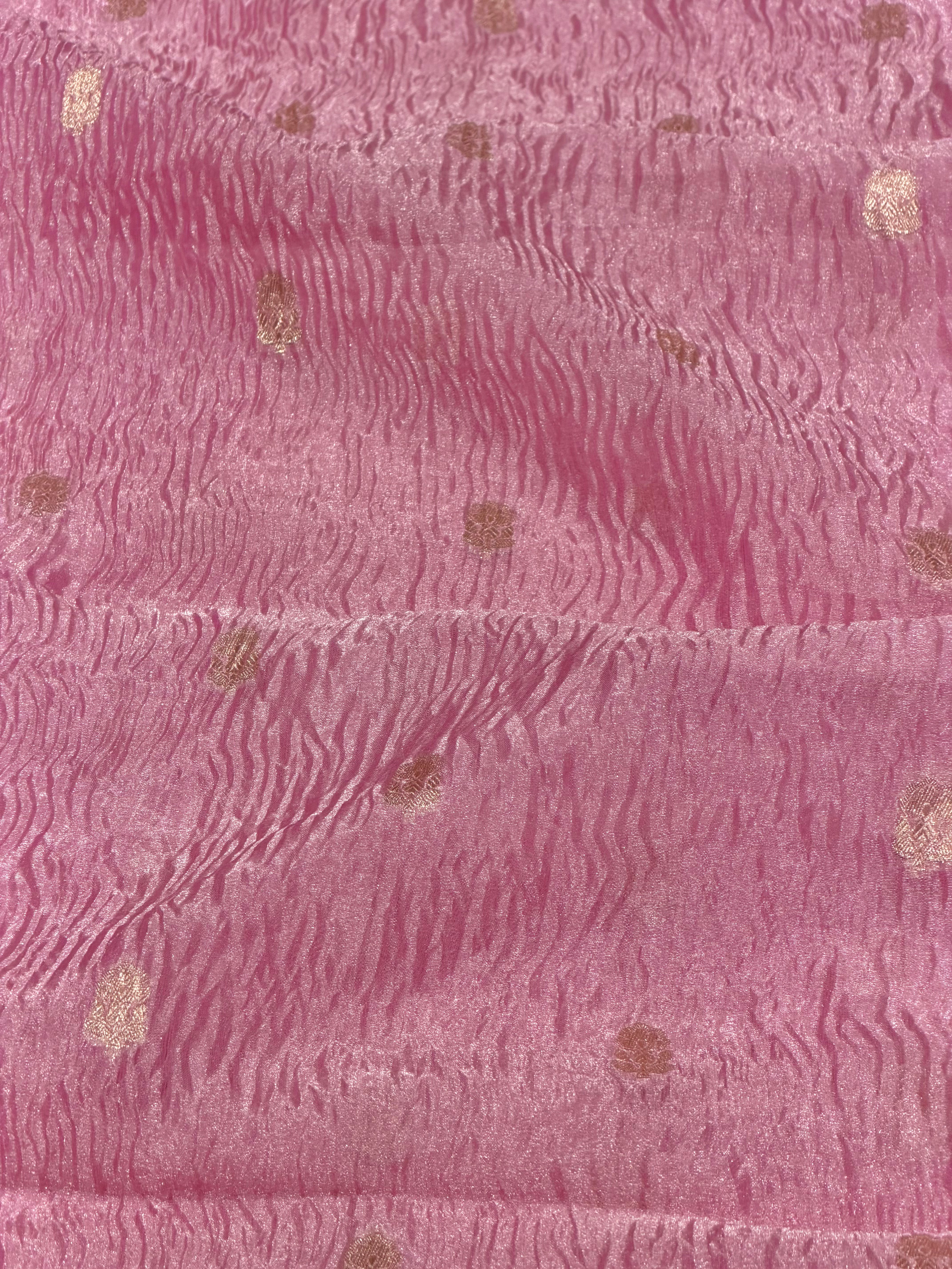 Rose Gold Crushed Tissue Fabric with Gold Zari Floral Motifs