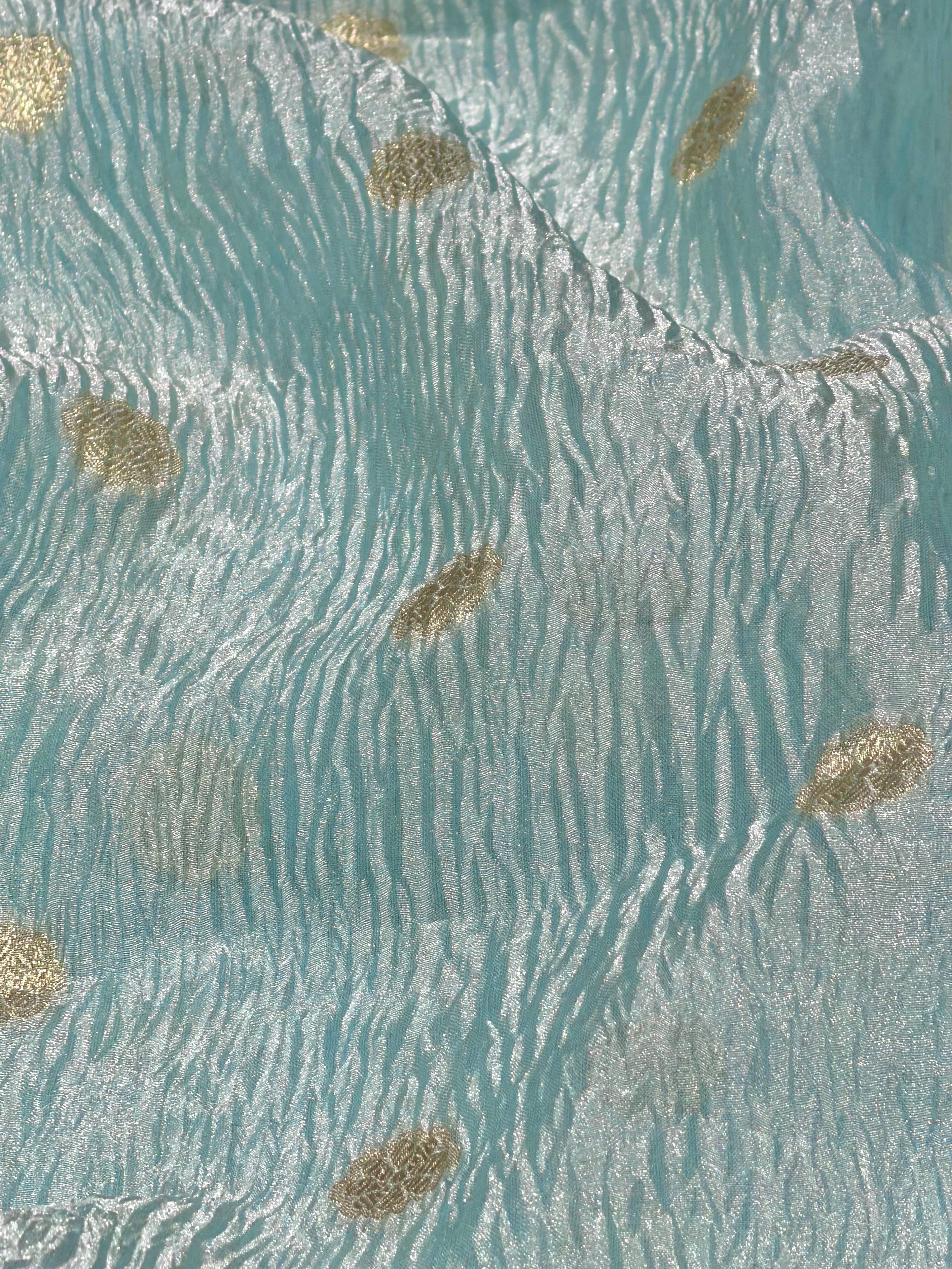Ice Blue Crushed Tissue Fabric with Gold Zari Polka Motifs