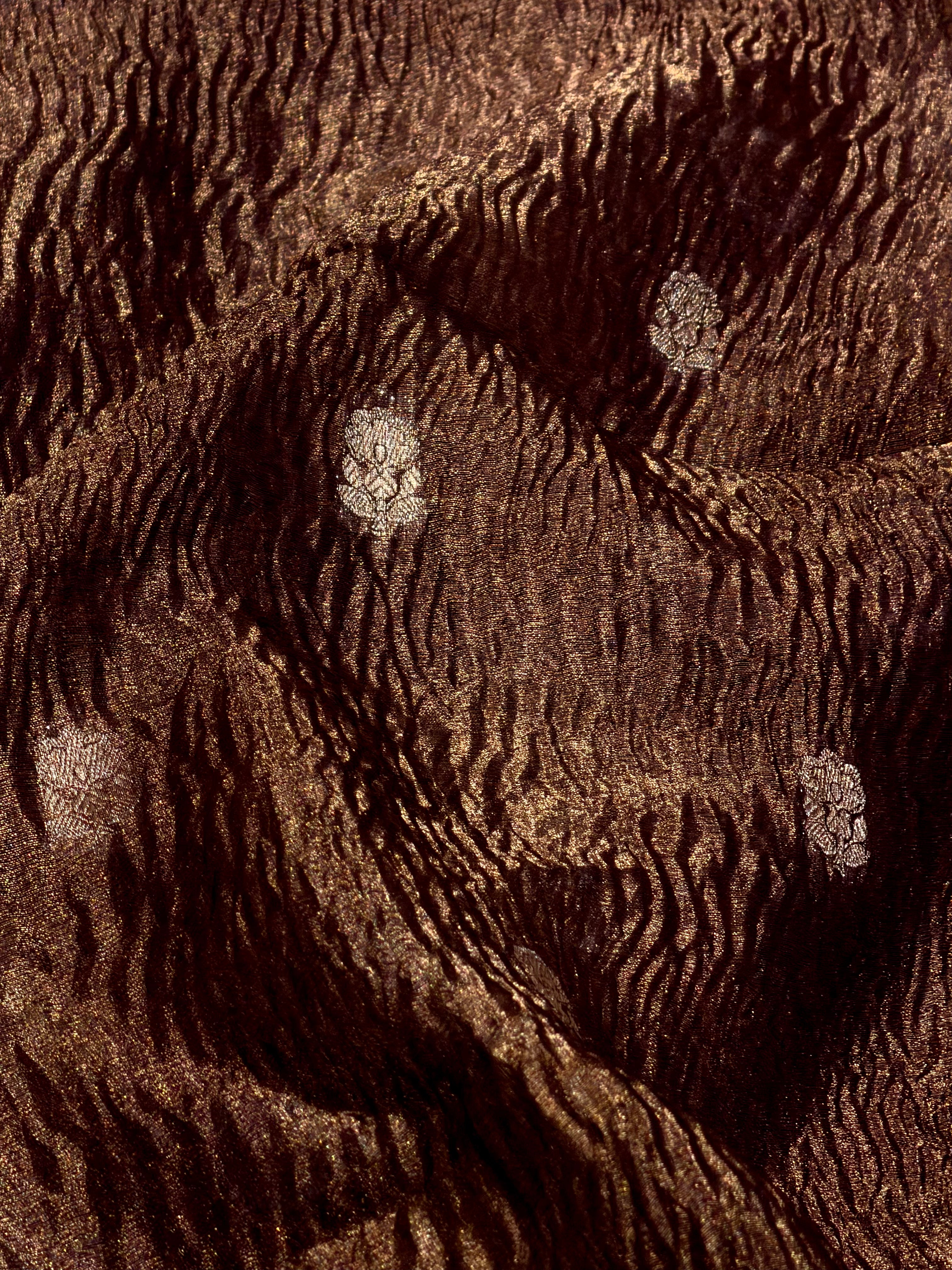 Deep Purple Gold Crushed Tissue Fabric with Gold Zari Floral Motifs