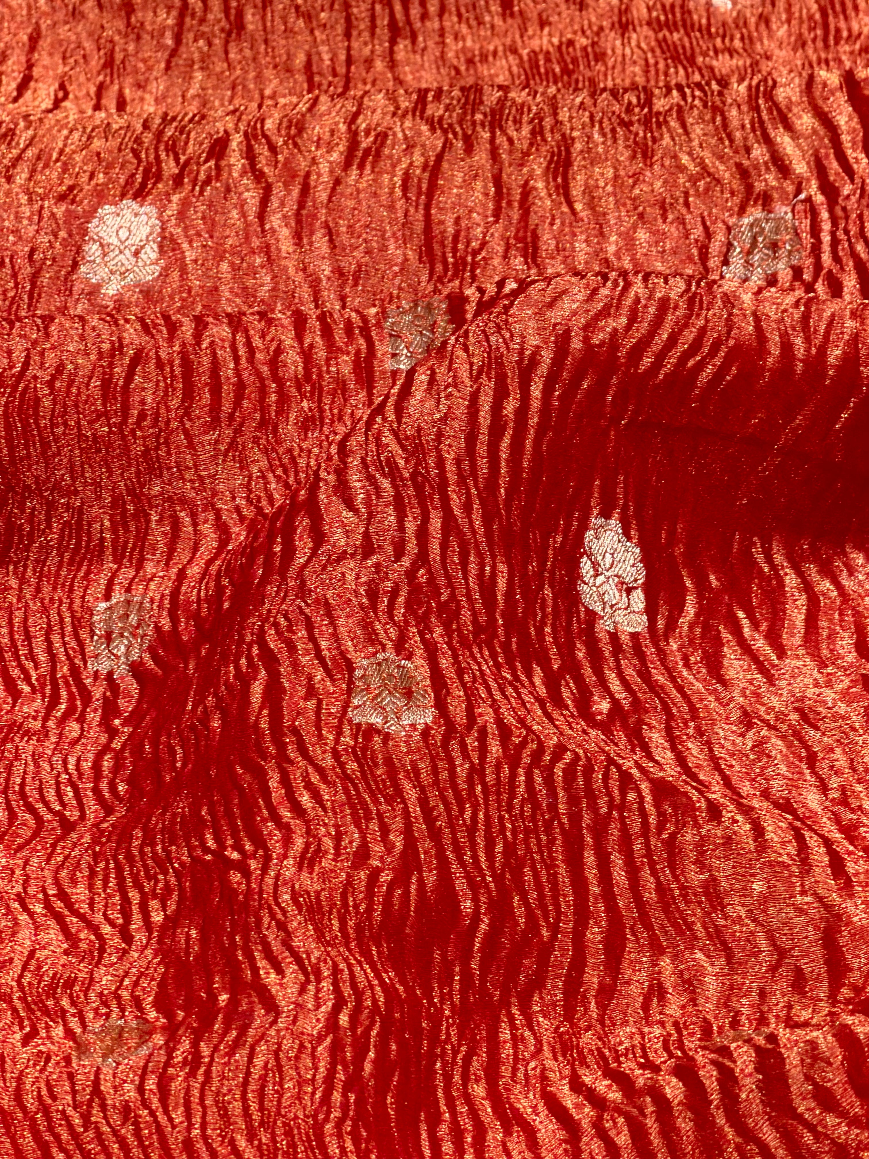 Rust Red Crushed Tissue Fabric with Gold Zari Floral Motifs