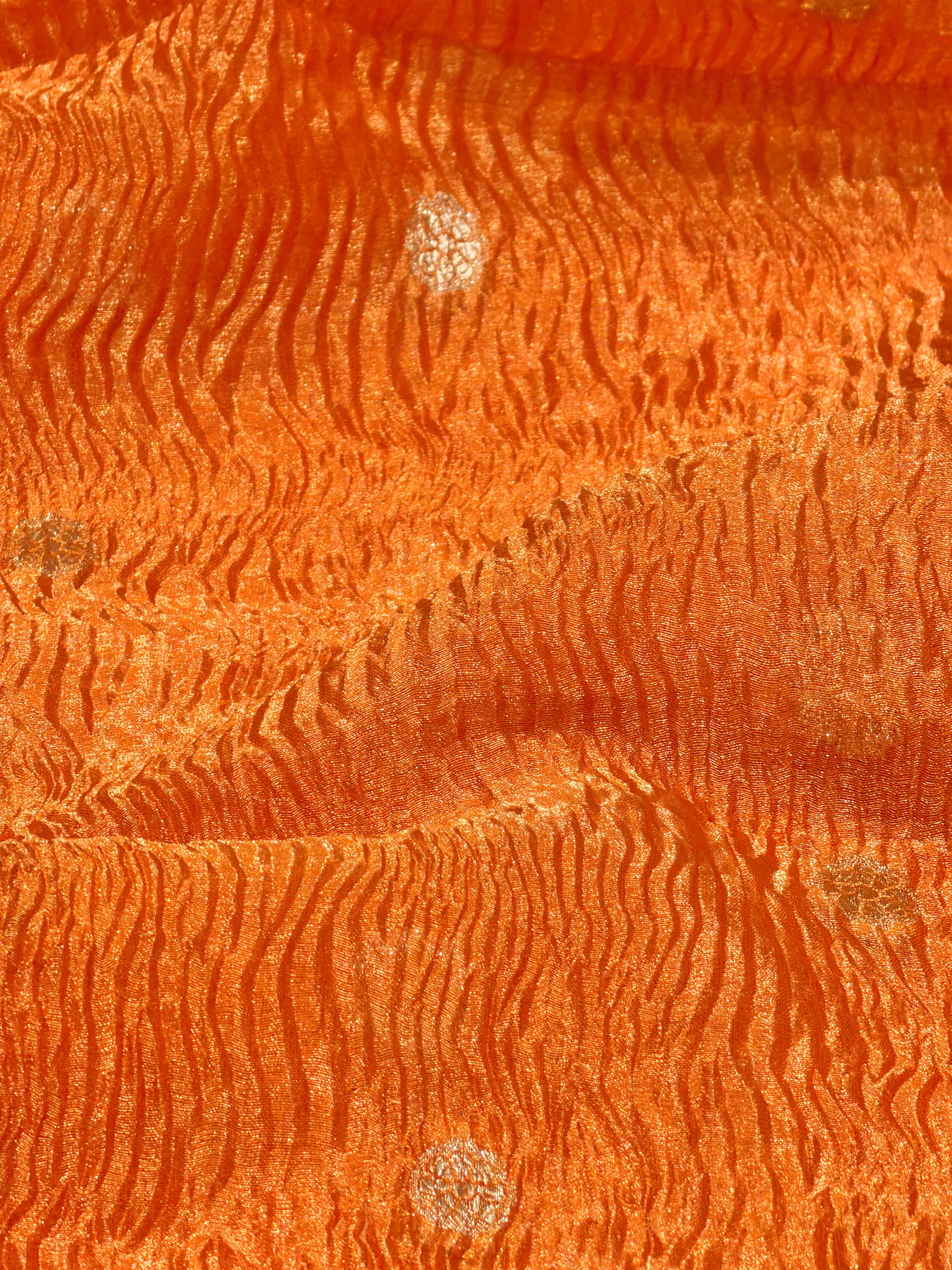 Rust Orange Crushed Tissue Fabric with Gold Zari Polka Motifs