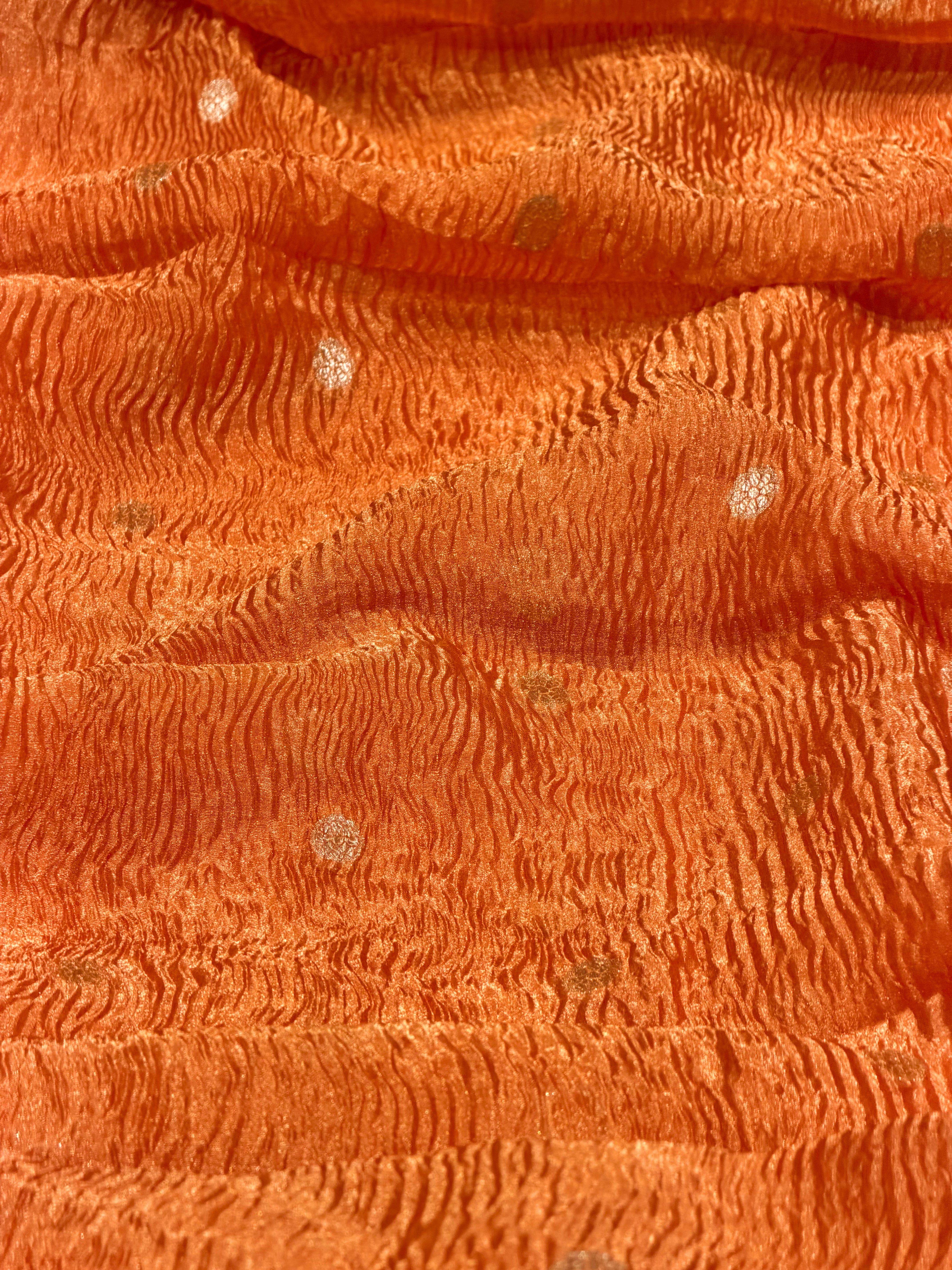 Rust Orange Crushed Tissue Fabric with Gold Zari Polka Motifs