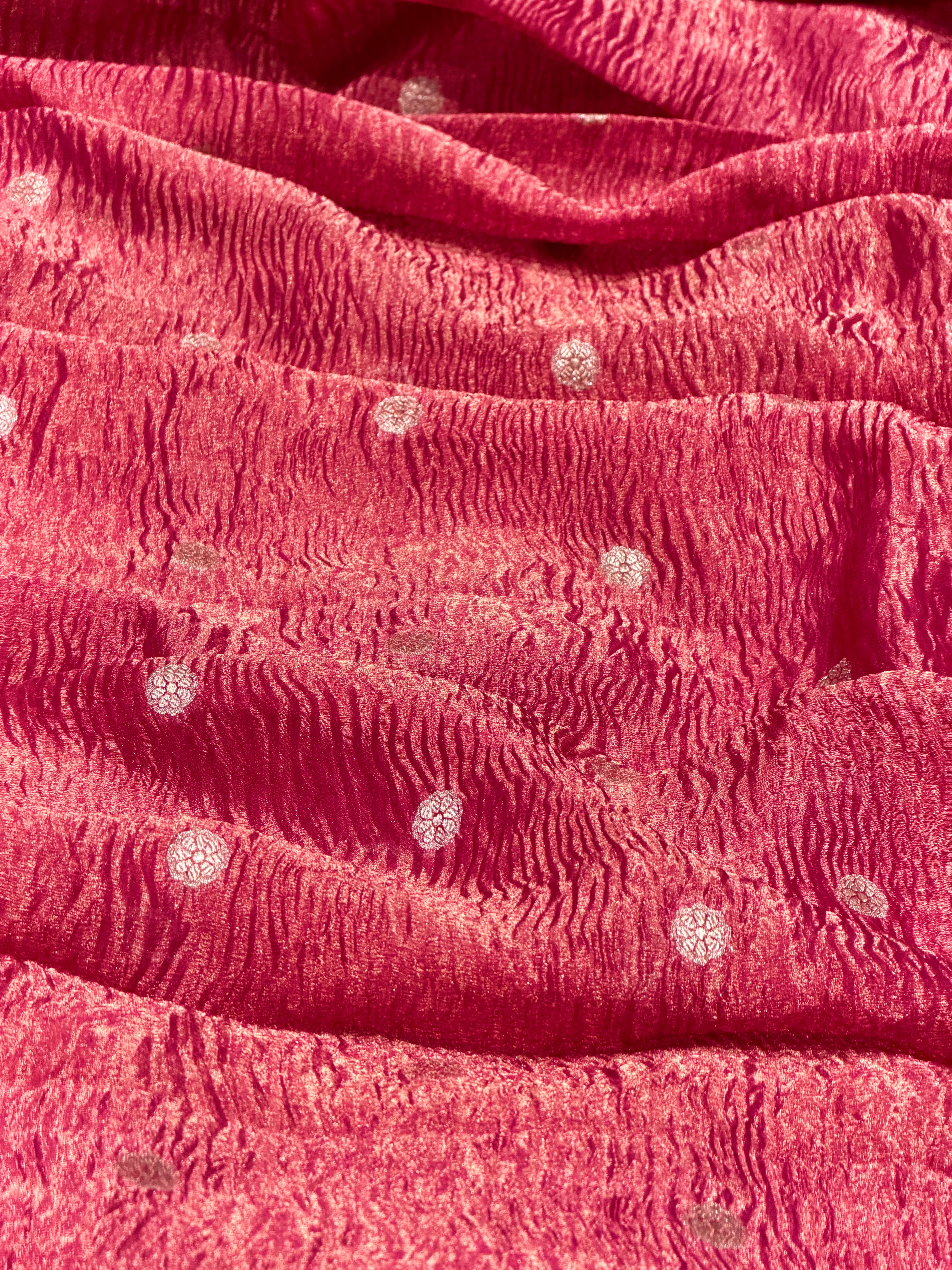 Rani Pink Crushed Tissue Fabric with Gold Zari Polka Motif
