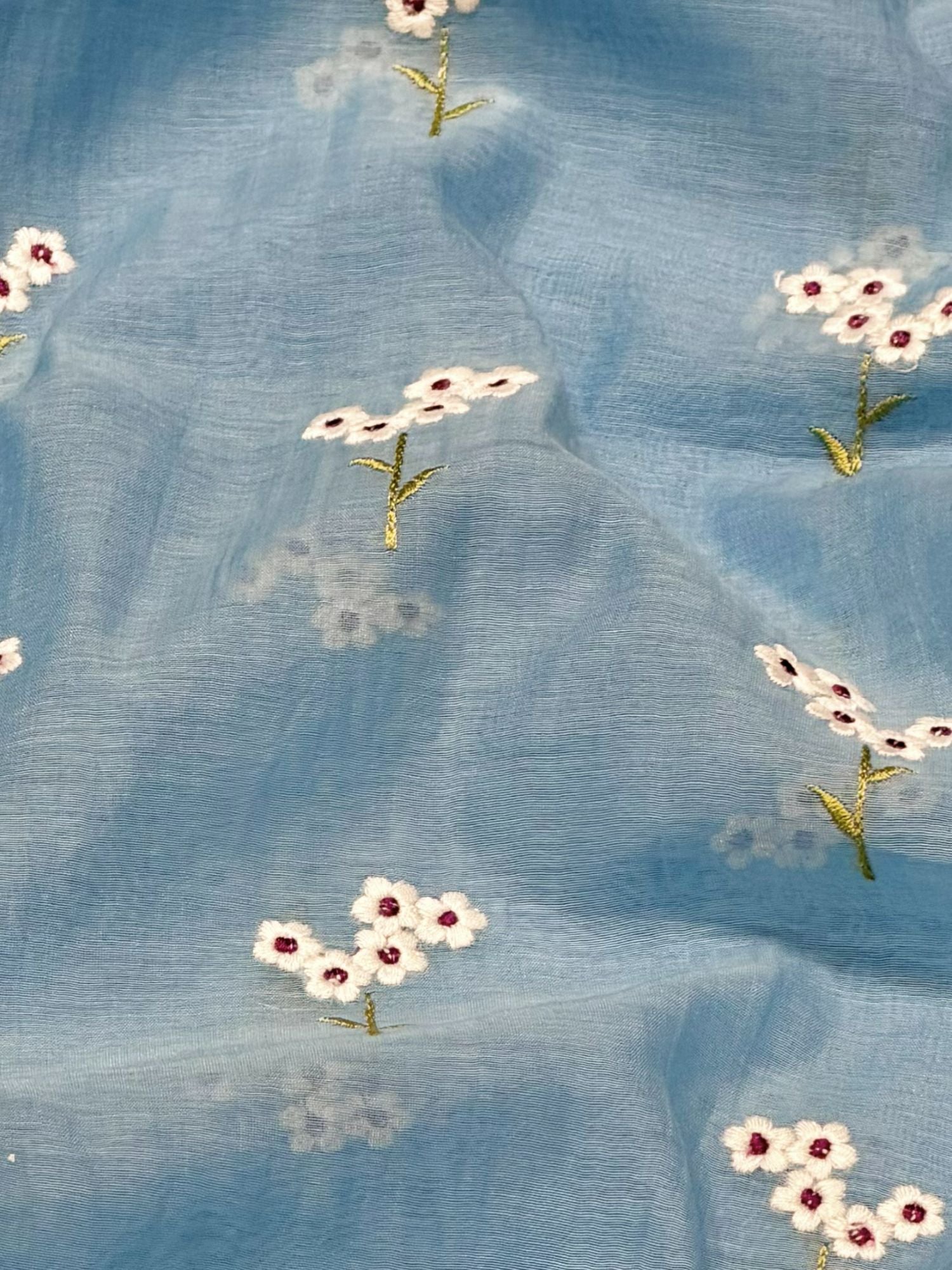 Powder Blue Mul Fabric with Floral Embroidered Motif