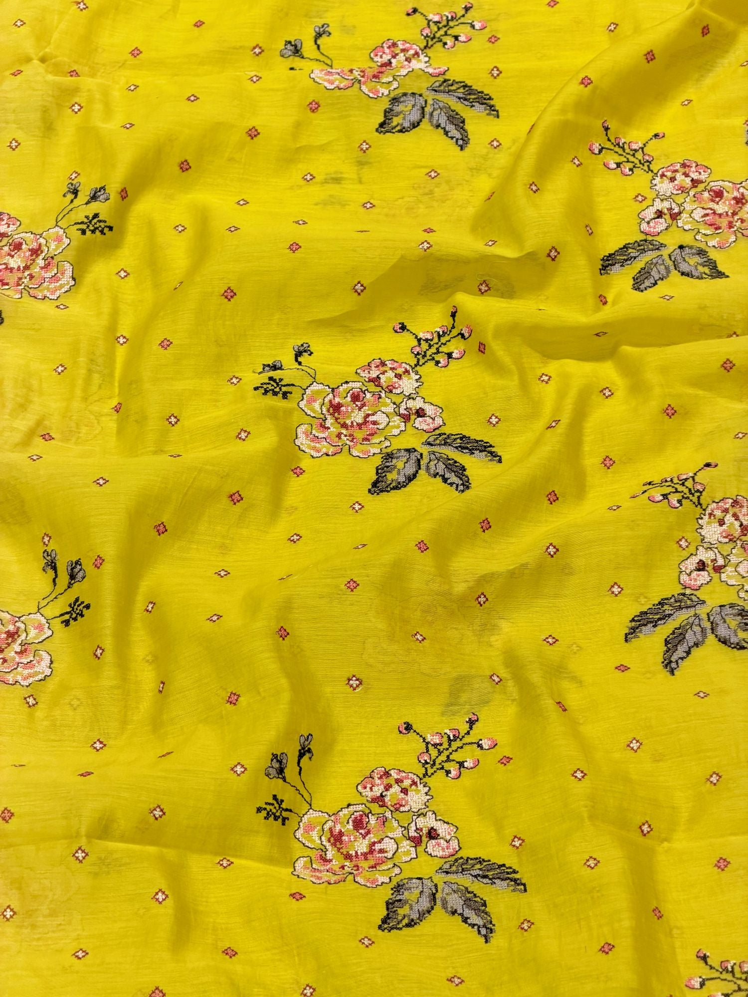 Vibrant Yellow Mul Fabric Floral Bouquet Embroidered Motif