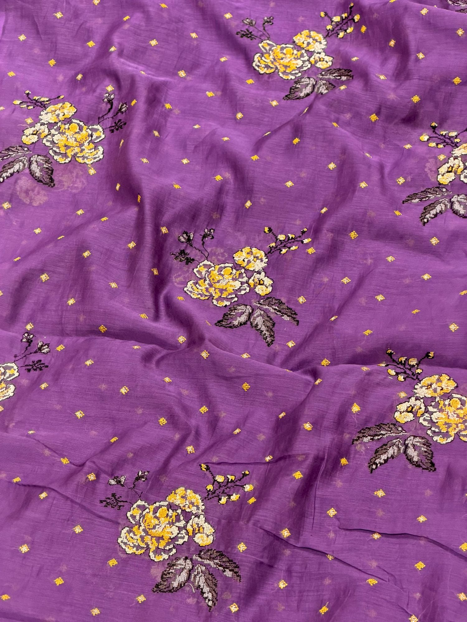 Deep Purple Mul Fabric Floral Bouquet Embroidered Motif