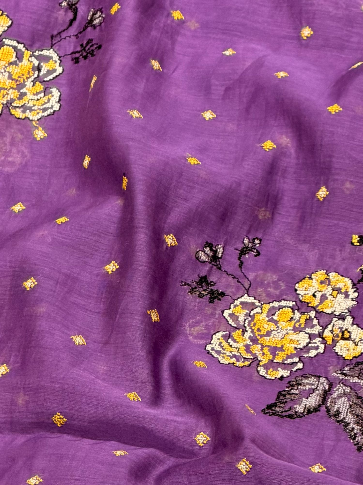 Deep Purple Mul Fabric Floral Bouquet Embroidered Motif