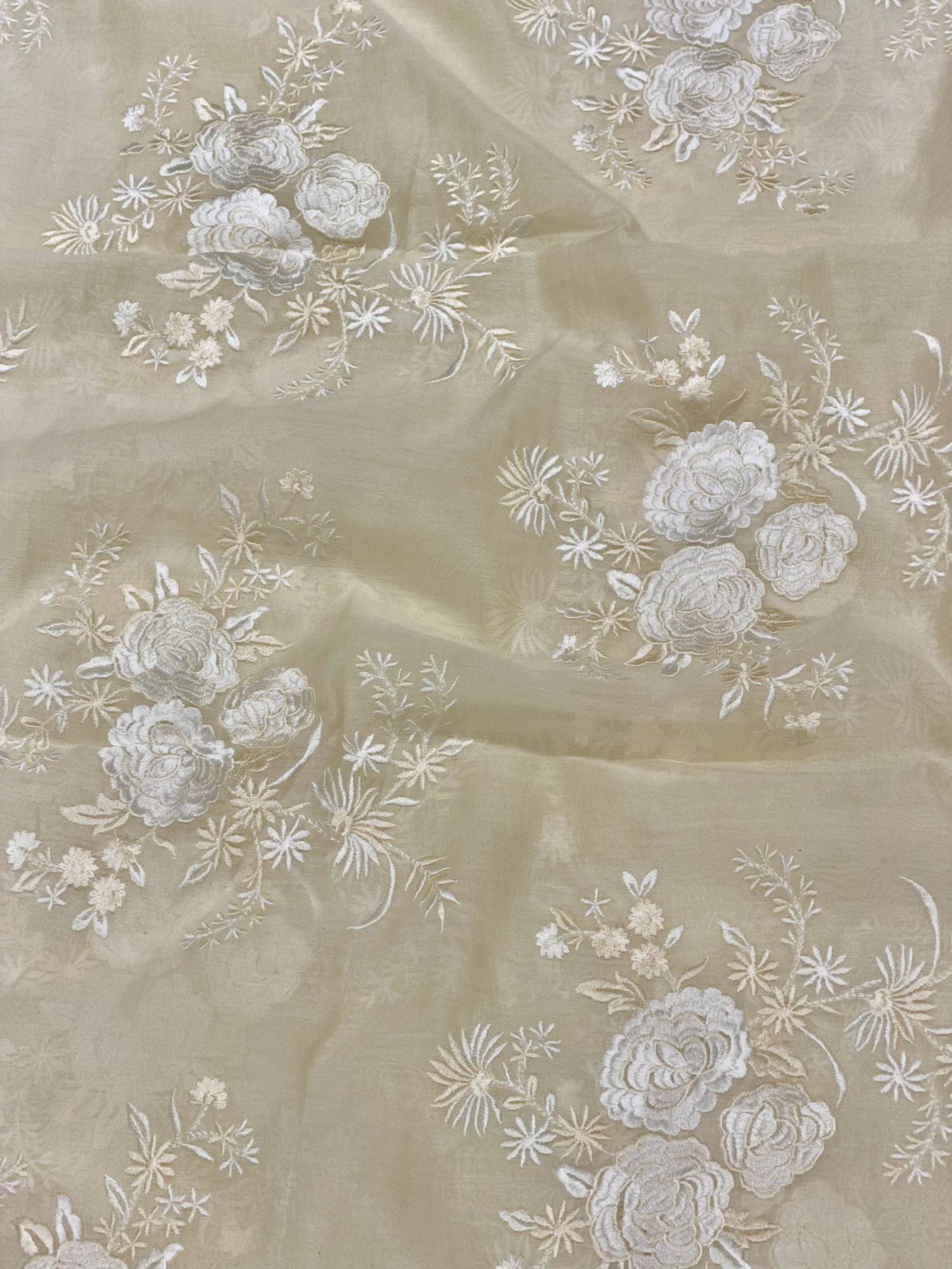 Sage Beige Mul Fabric Floral Embroidered Motif