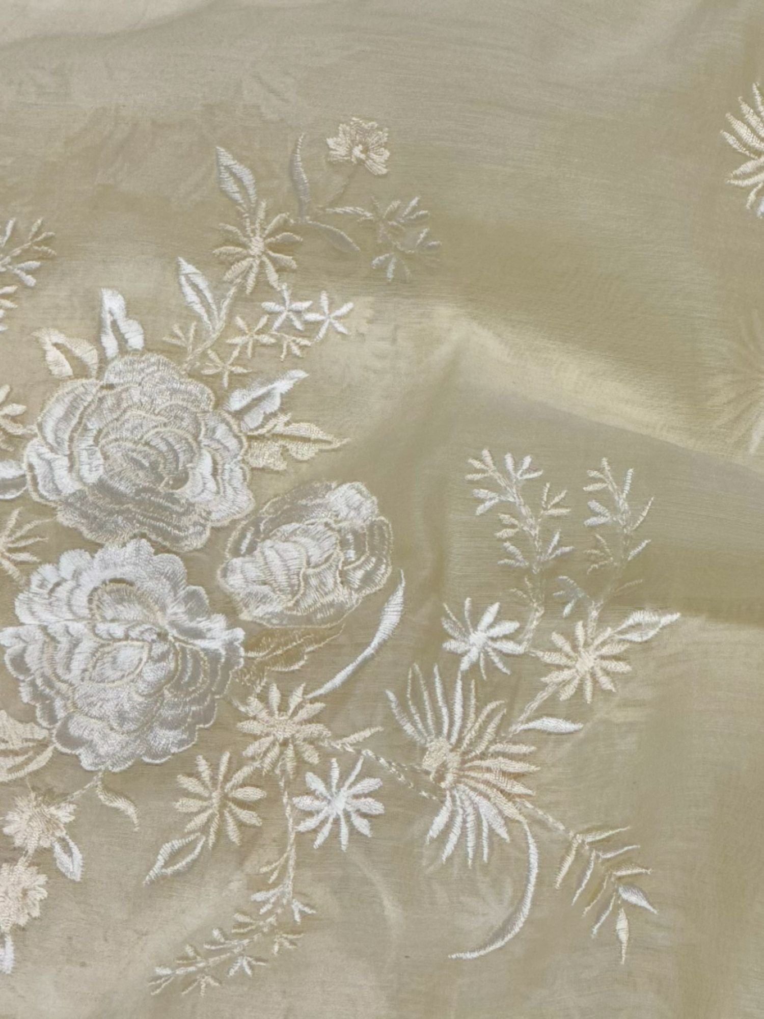 Sage Beige Mul Fabric Floral Embroidered Motif