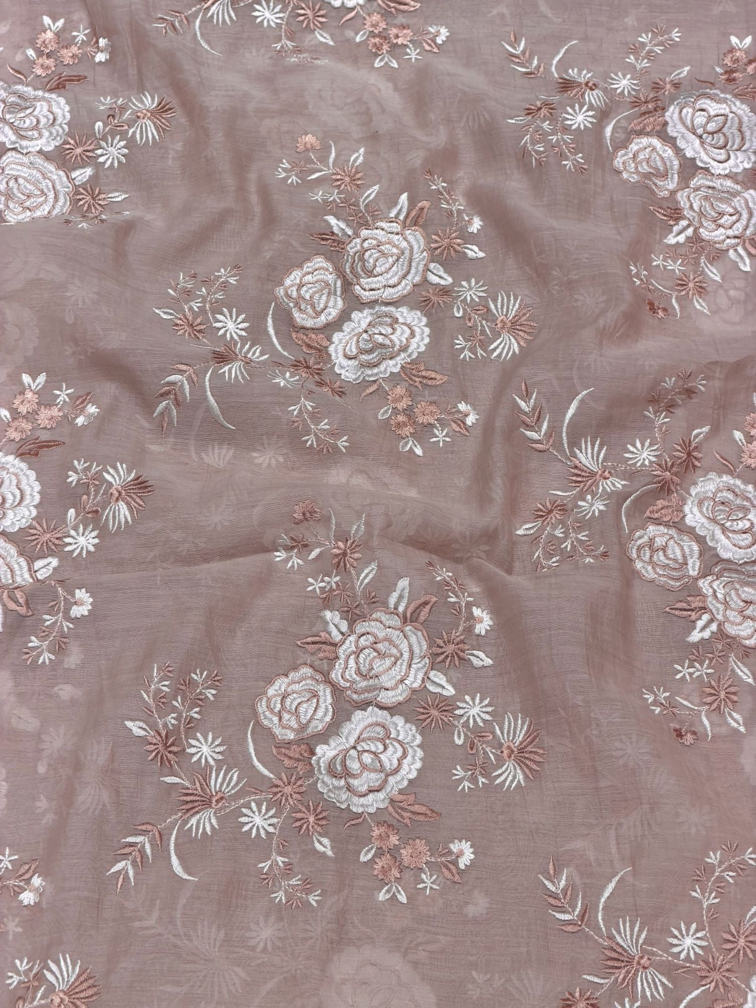 Dusty Mauve Mul Fabric Floral Bouquet Embroidered Motif