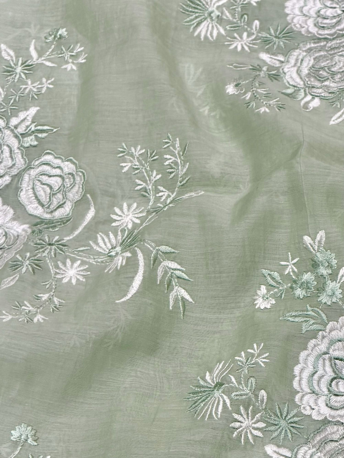 Sage Green Mul Fabric Floral Bouquet Embroidered Motif