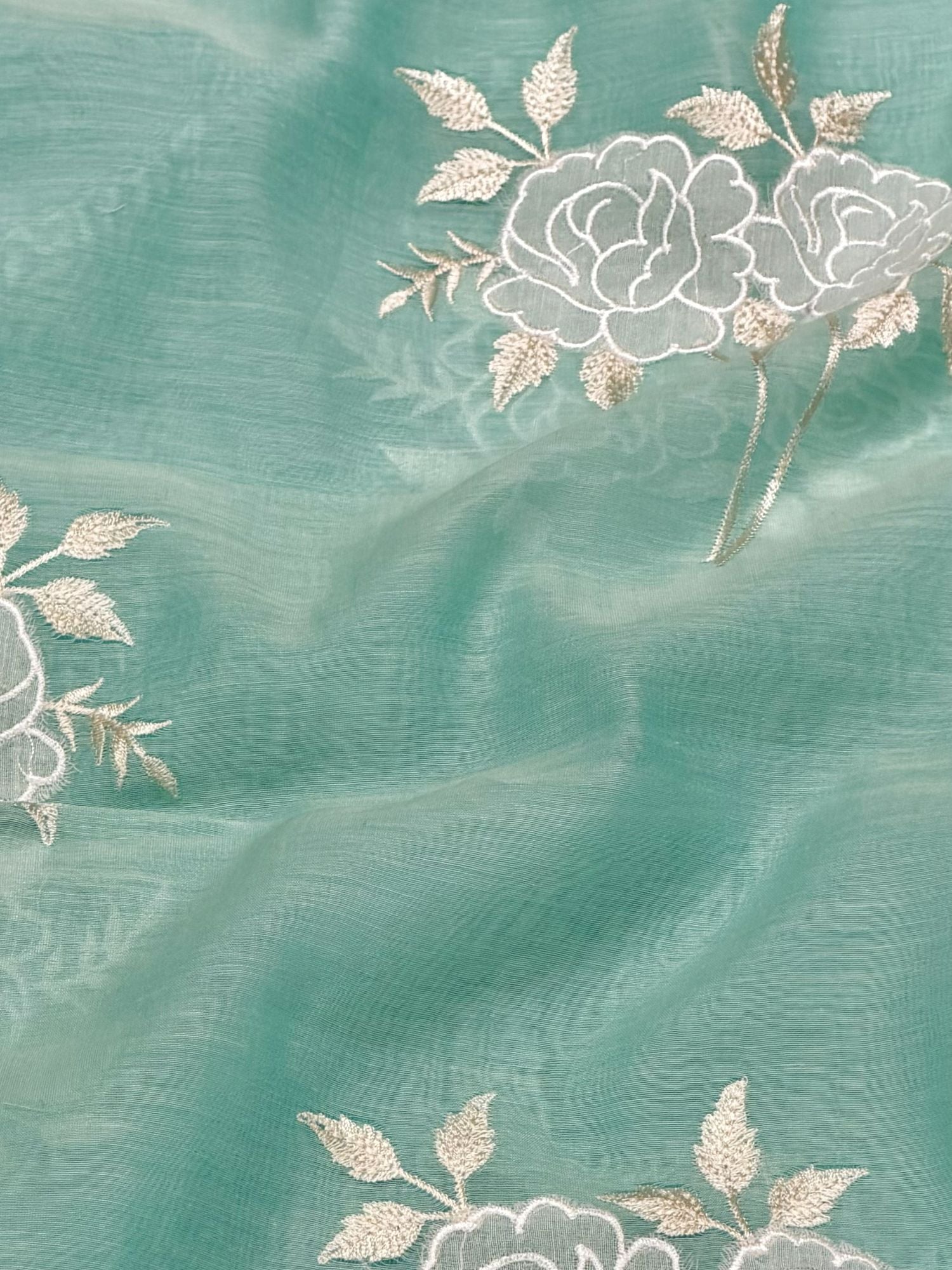 Aqua Mint Blue Mul Fabric Floral Embroidered Motif