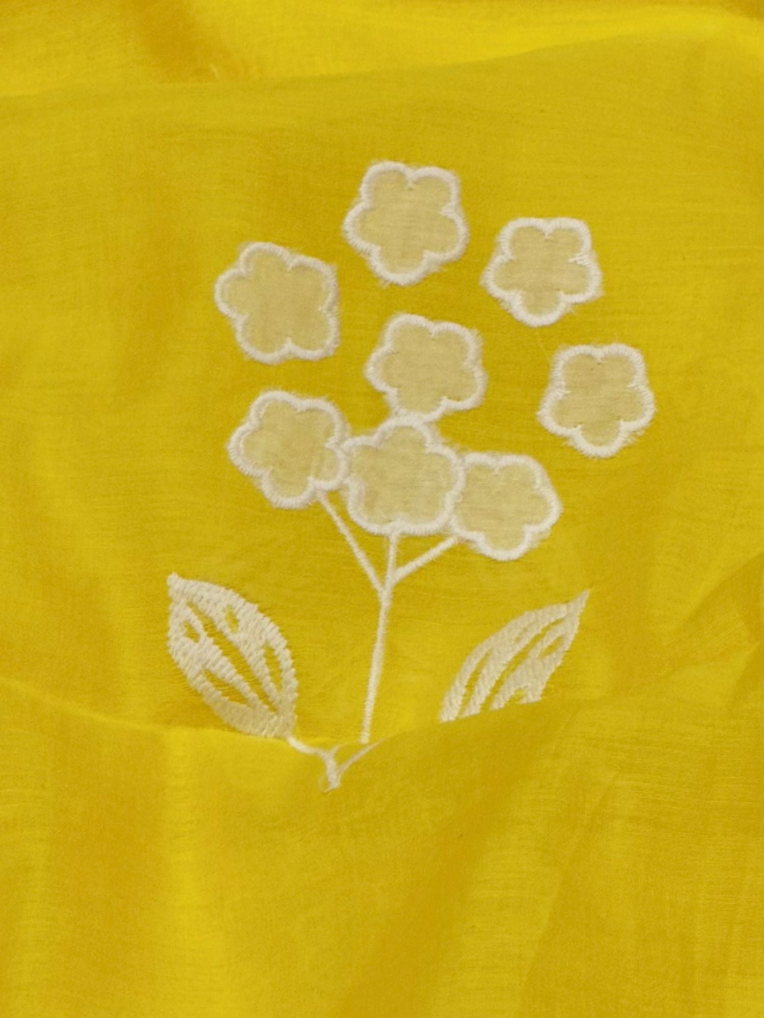 Yellow Mul Fabric With White Appliqué Work
