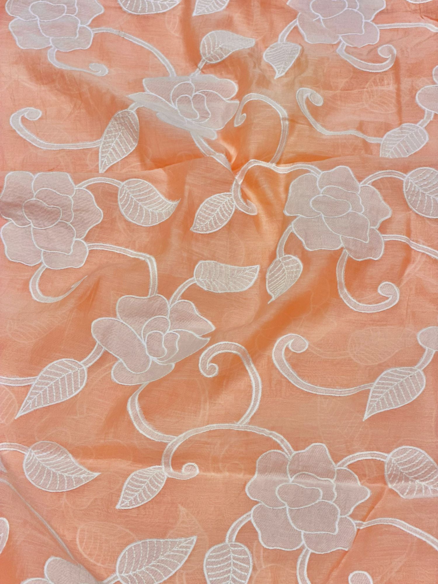 Orange Mul Fabric With White Appliqué Work