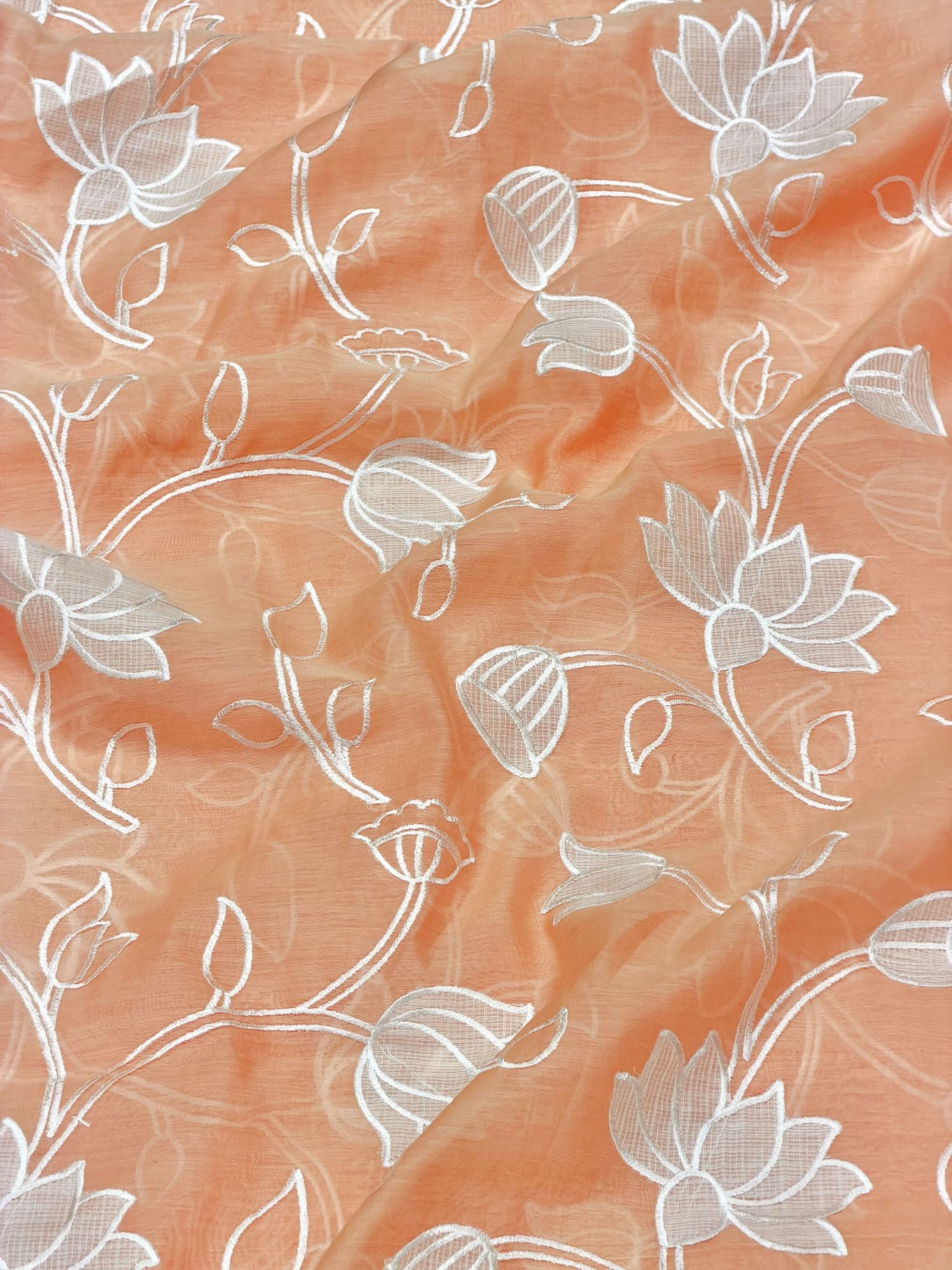 Peach Mul Fabric With White Appliqué Work